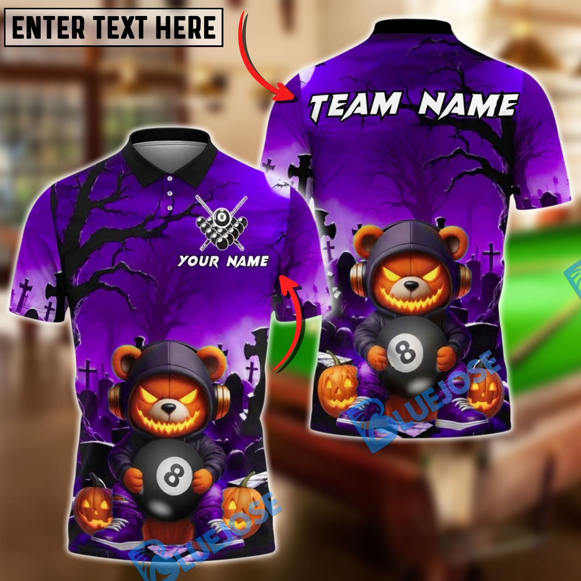 BlueJose Billiards 8 Ball Halloween Bear Pumpkin Personalized Name, Team Name Unisex Shirt (4 Colors)