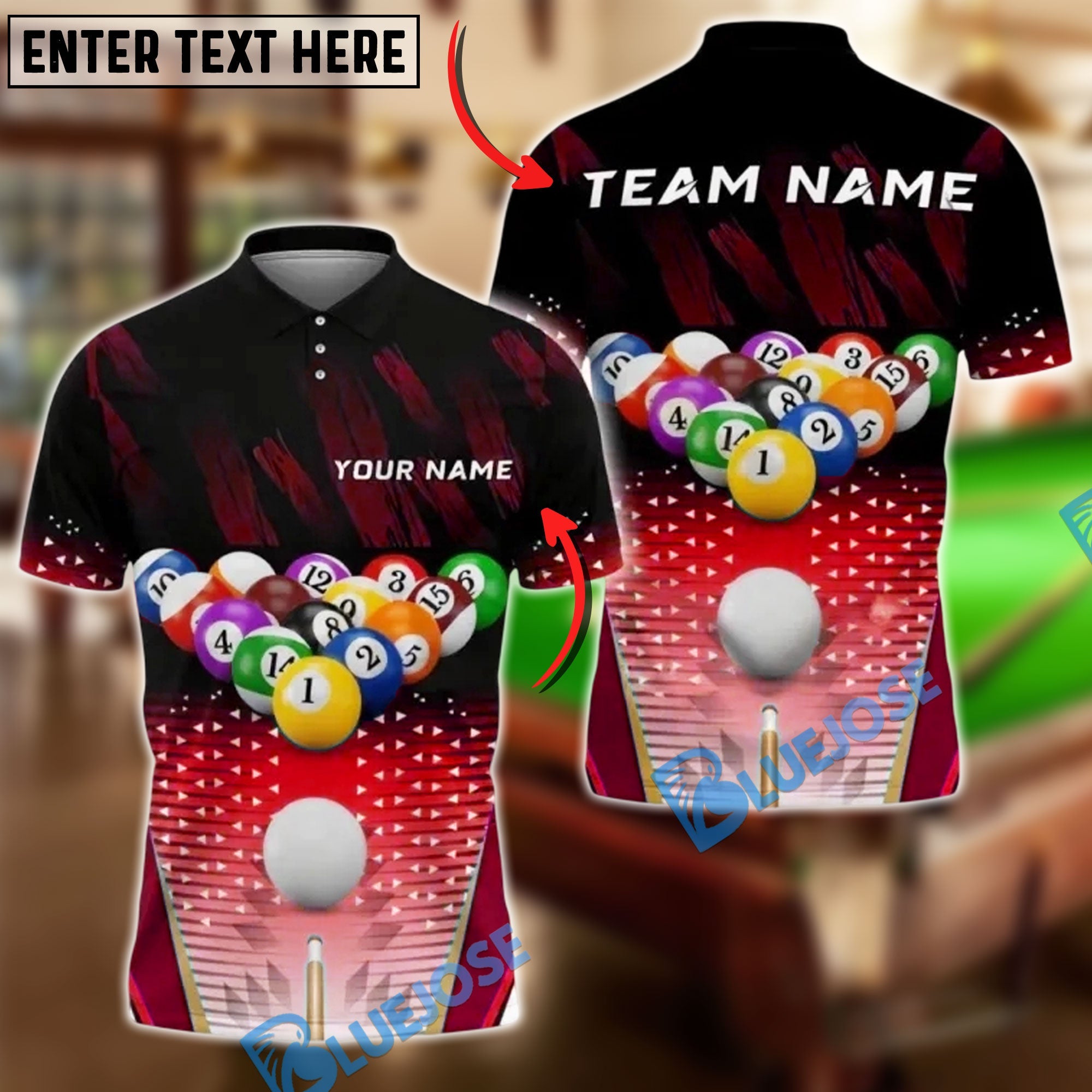 BlueJose Billiards 8 Ball Full Rack Break Shot Personalized Name, Team Name Unisex Shirt (4 Colors)
