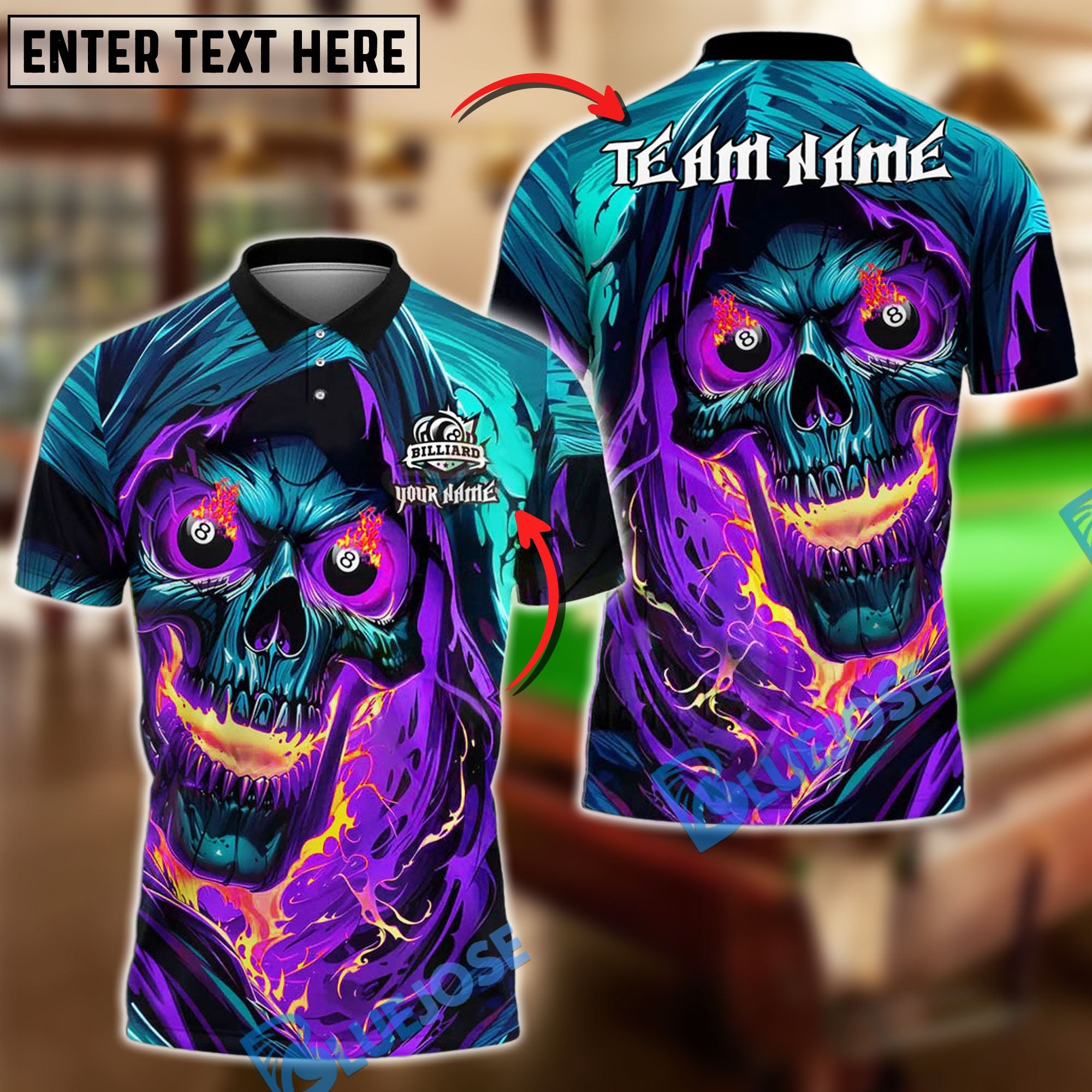 BlueJose Billiards Fiery Inferno Skull With Burning 8 Ball Eyes Personalized Name, Team Name Unisex Shirt (4 Colors)