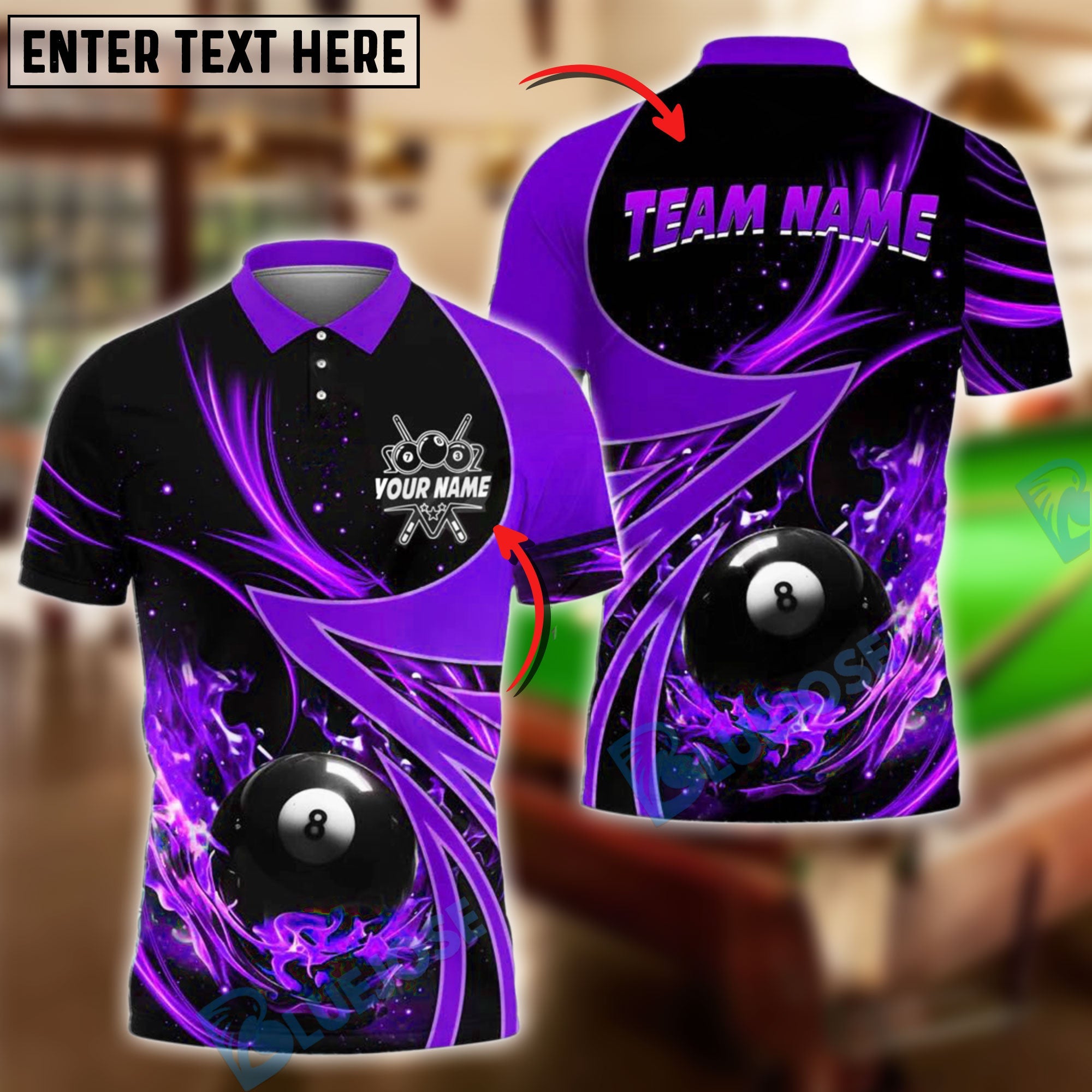BlueJose Billiards Ball 8 Fire Splash Personalized Name, Team Name Unisex Shirt (4 Colors)