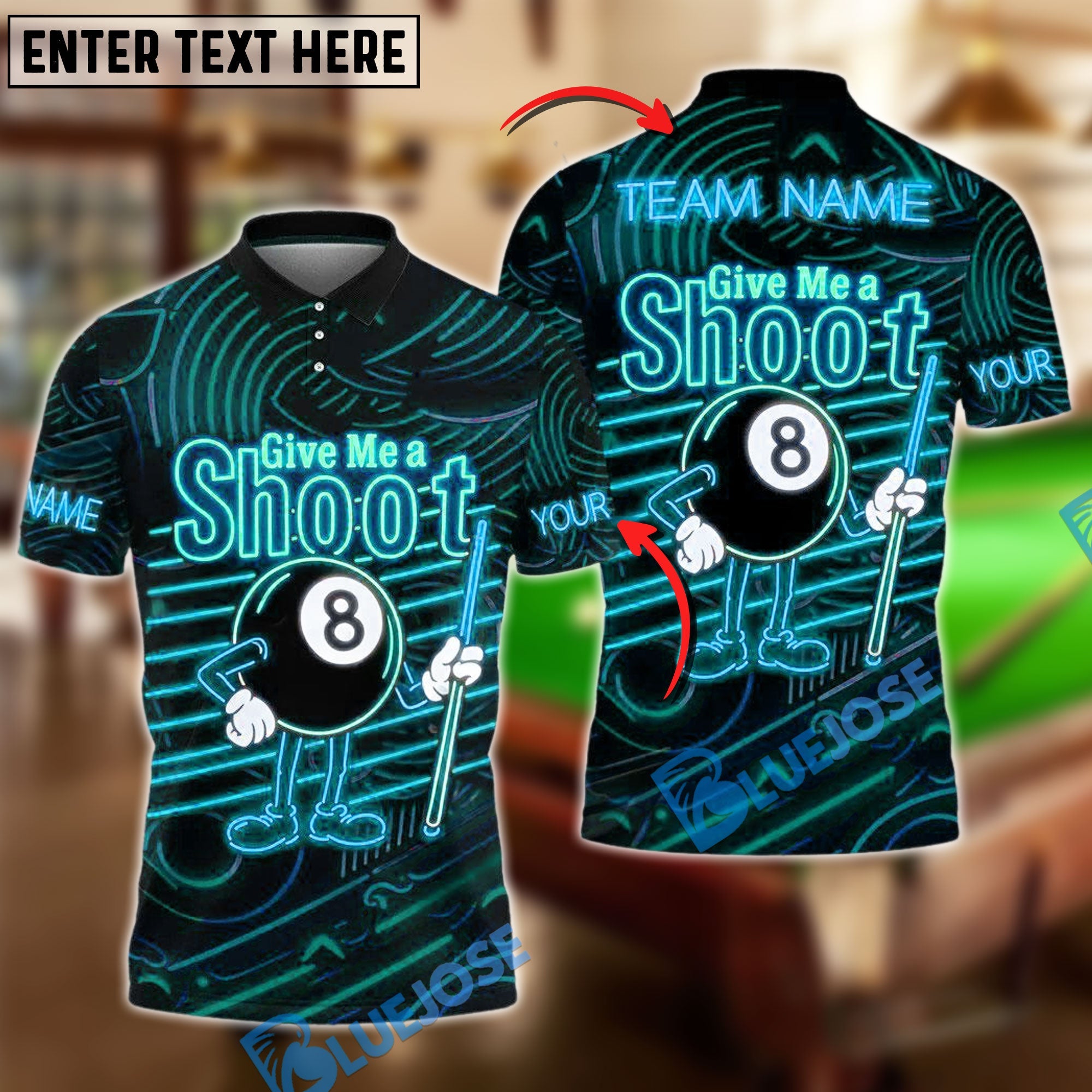 BlueJose Billiards Neon Billiards 'Give Me a Shoot' 8-Ball Funny Personalized Name Shirt (4 Colors)