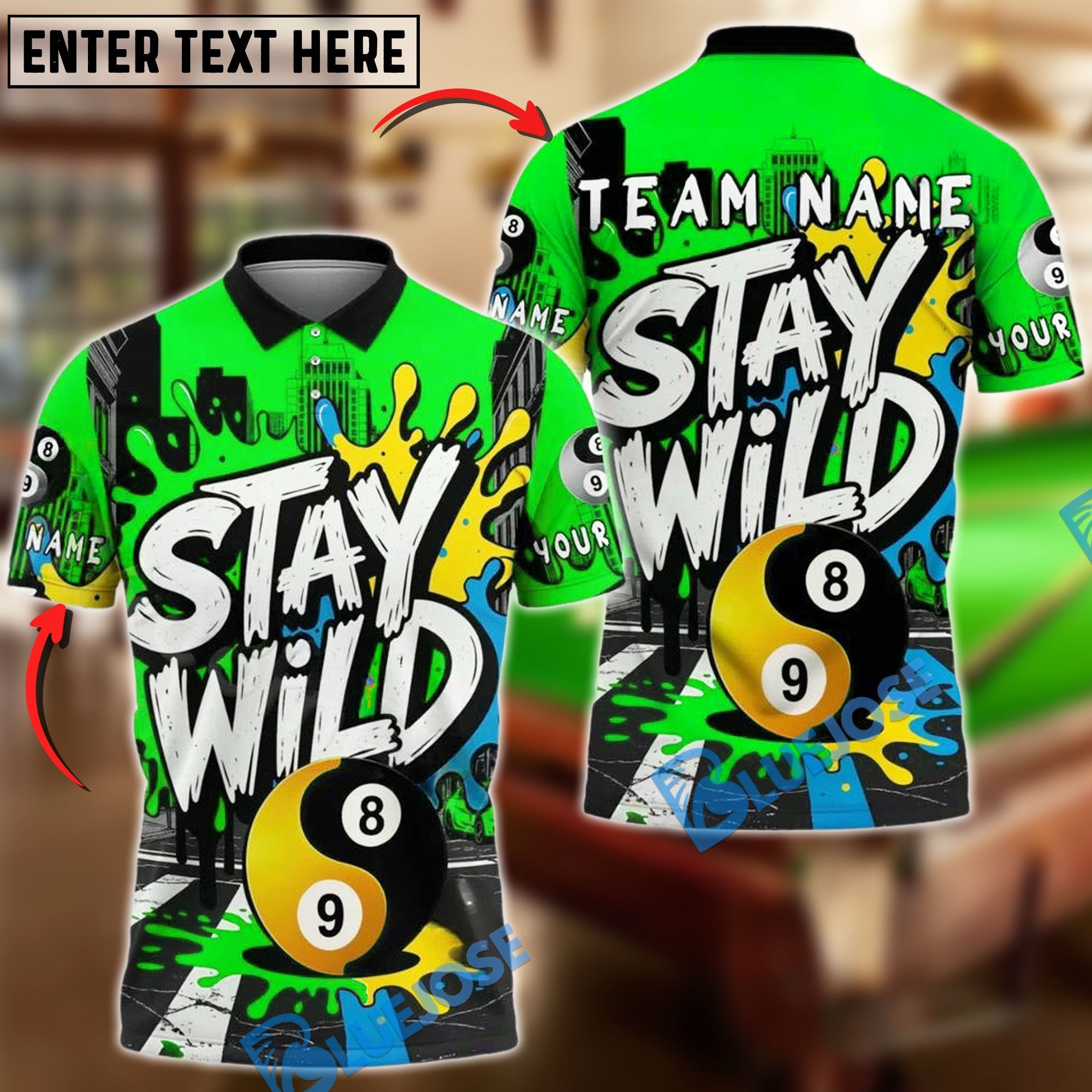 BlueJose Billiards 8&9 Ball Yin Yang Street Art Stay Wild Personalized Name Shirt (4 Colors)