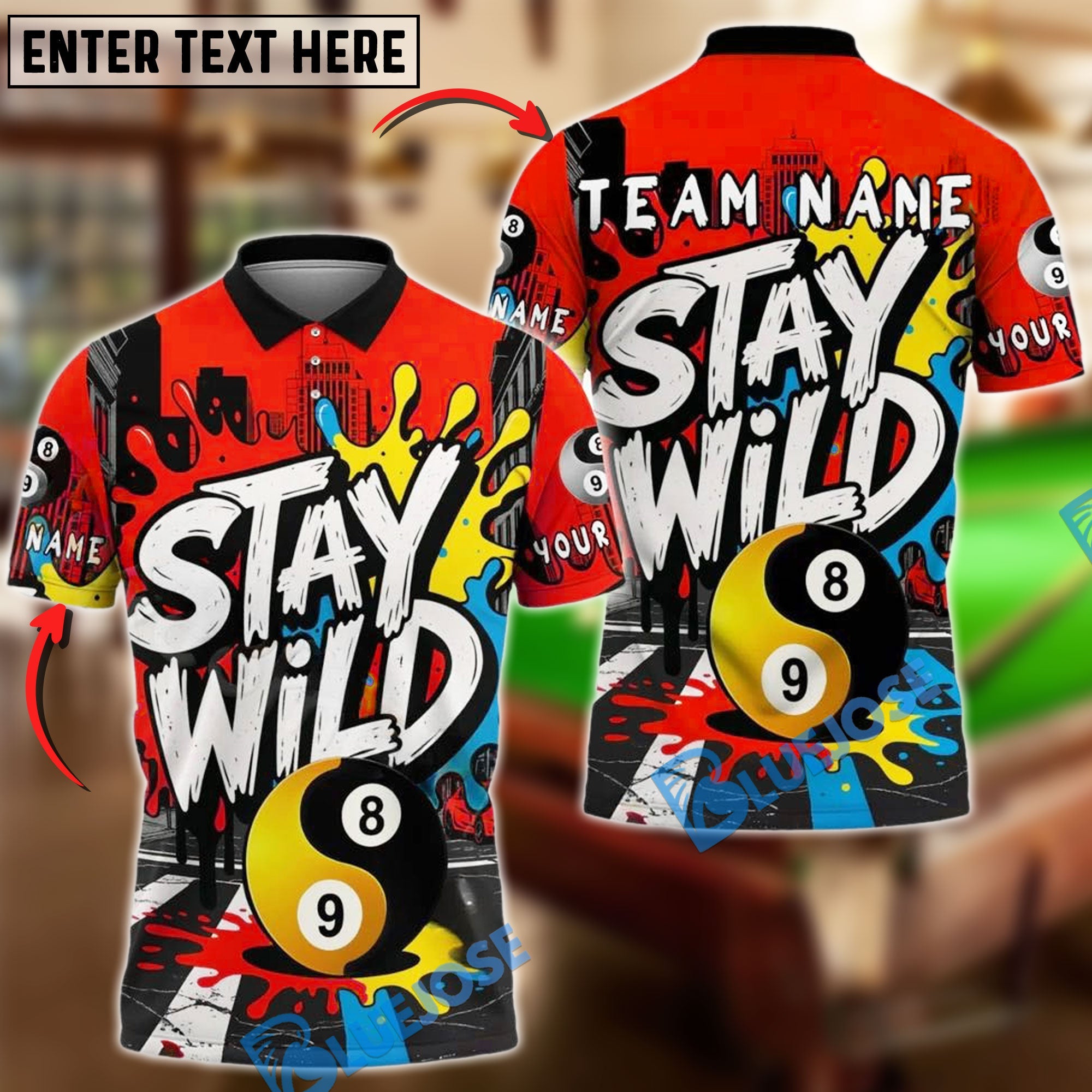 BlueJose Billiards 8&9 Ball Yin Yang Street Art Stay Wild Personalized Name Shirt (4 Colors)