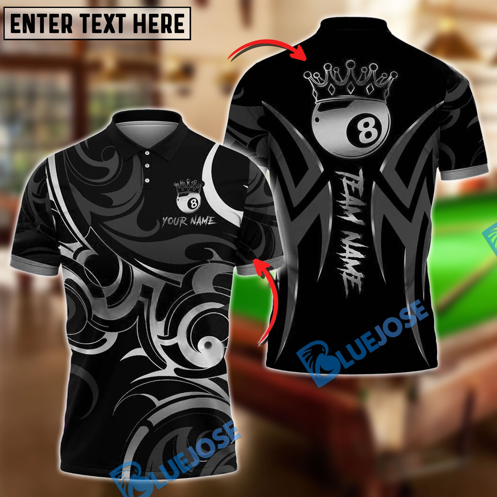 BlueJose Billiards Gold 8 Ball Crown Tribal Swirl Design Personalized Name Shirt (4 Colors)