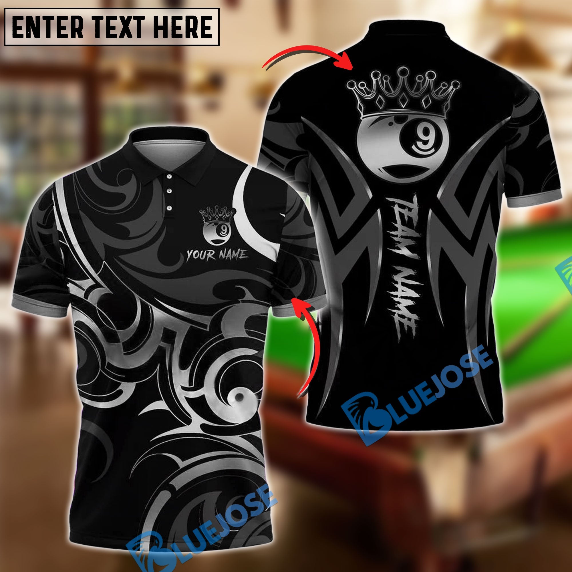 BlueJose Billiards Gold 9 Ball Crown Tribal Swirl Design Personalized Name Shirt (4 Colors)