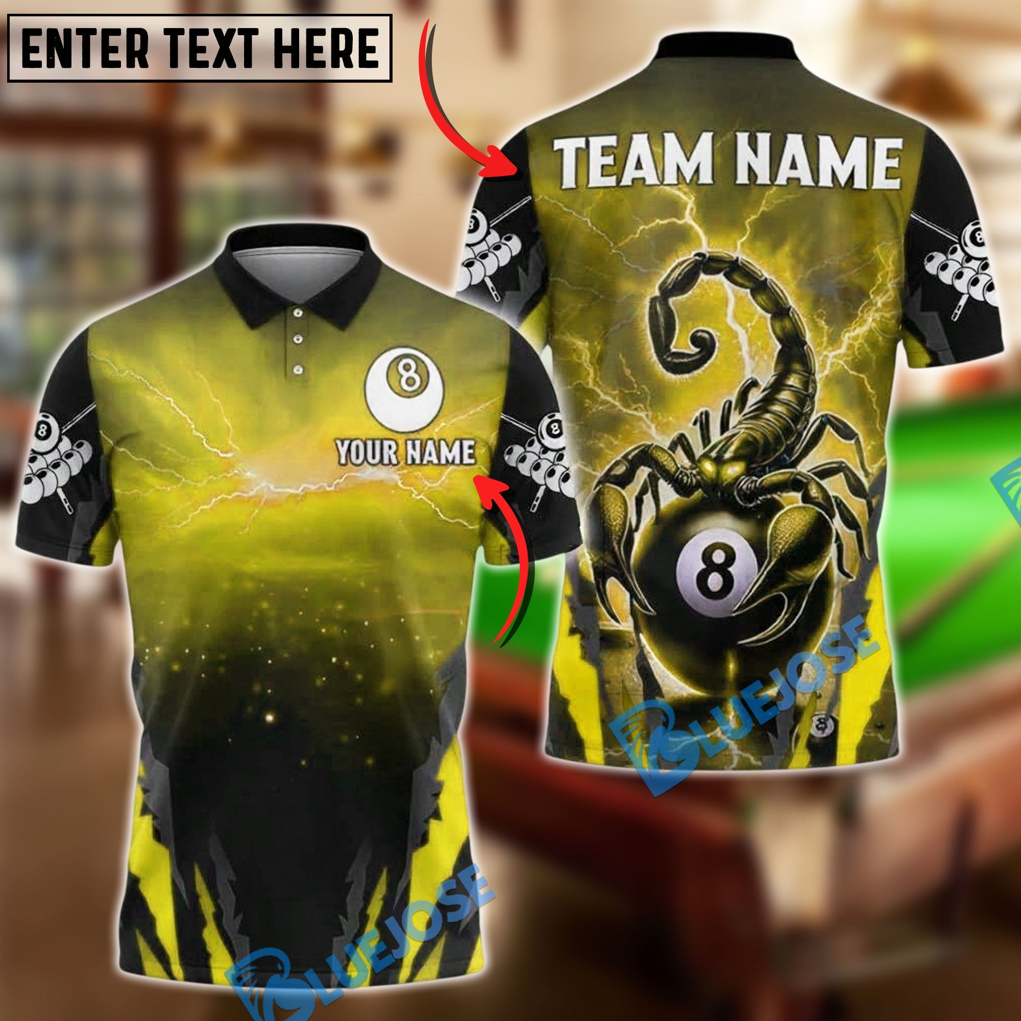 BlueJose Billiards 8 Ball Scorpion Lightning Personalized Name, Team Name Unisex Shirt (4 Colors)