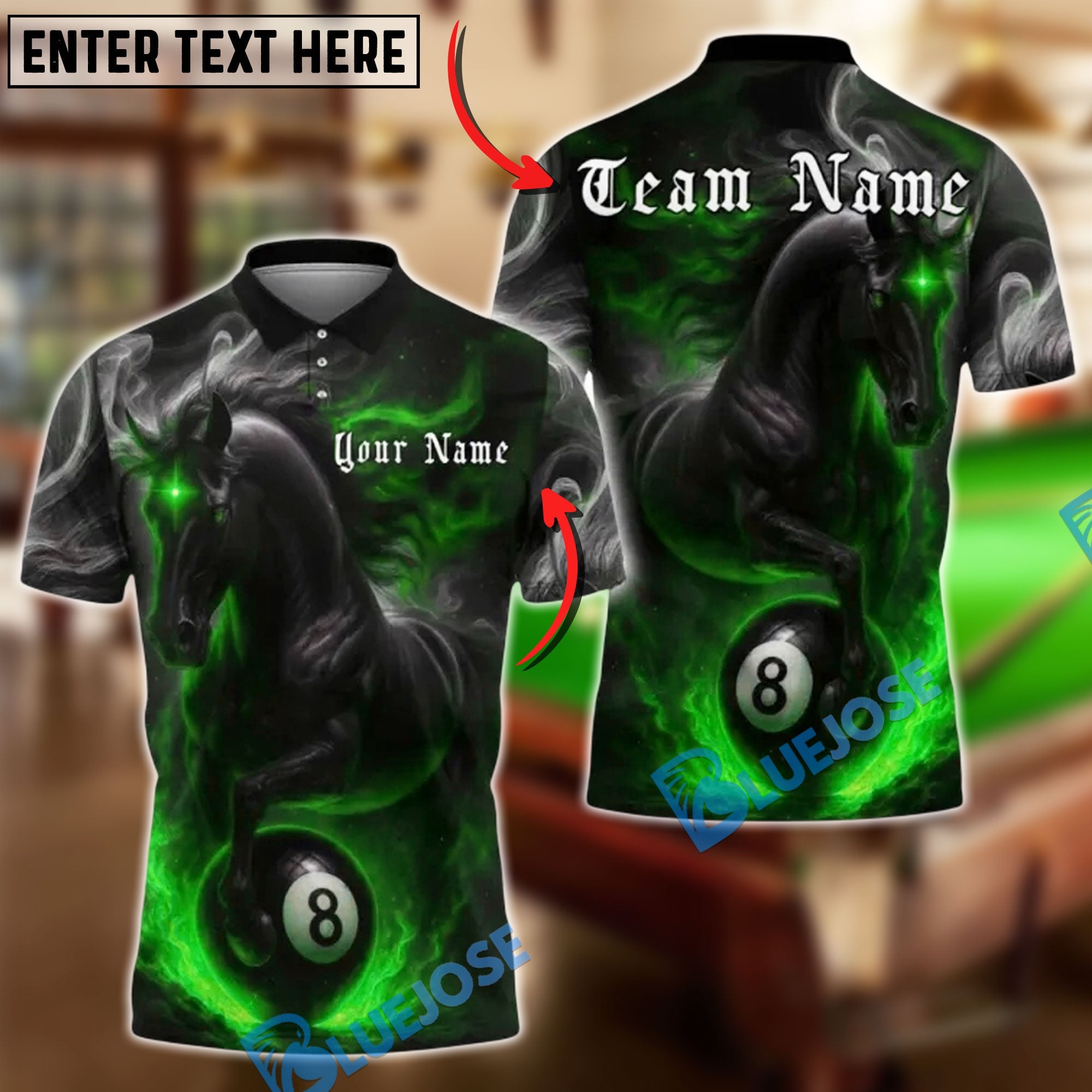 BlueJose Billiards 8 Ball Black Horse Personalized Name, Team Name Unisex Shirt (4 Colors)