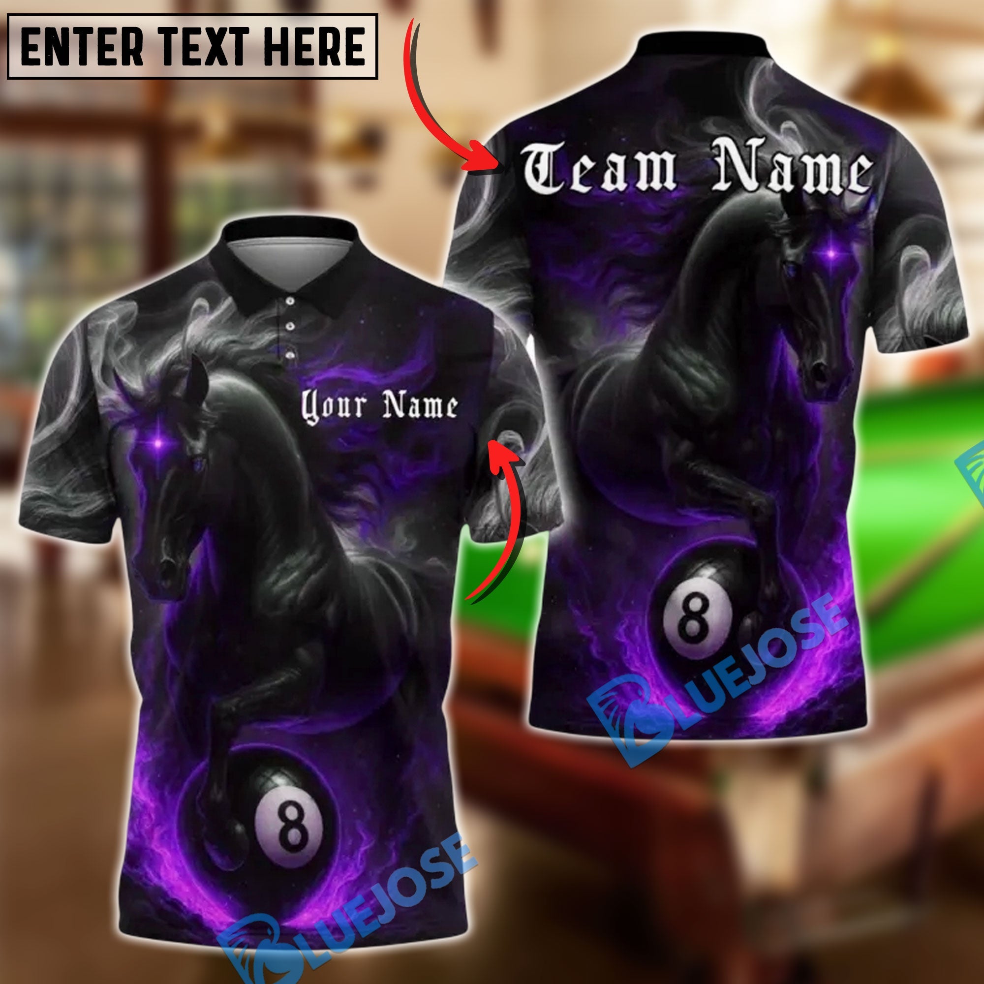BlueJose Billiards 8 Ball Black Horse Personalized Name, Team Name Unisex Shirt (4 Colors)