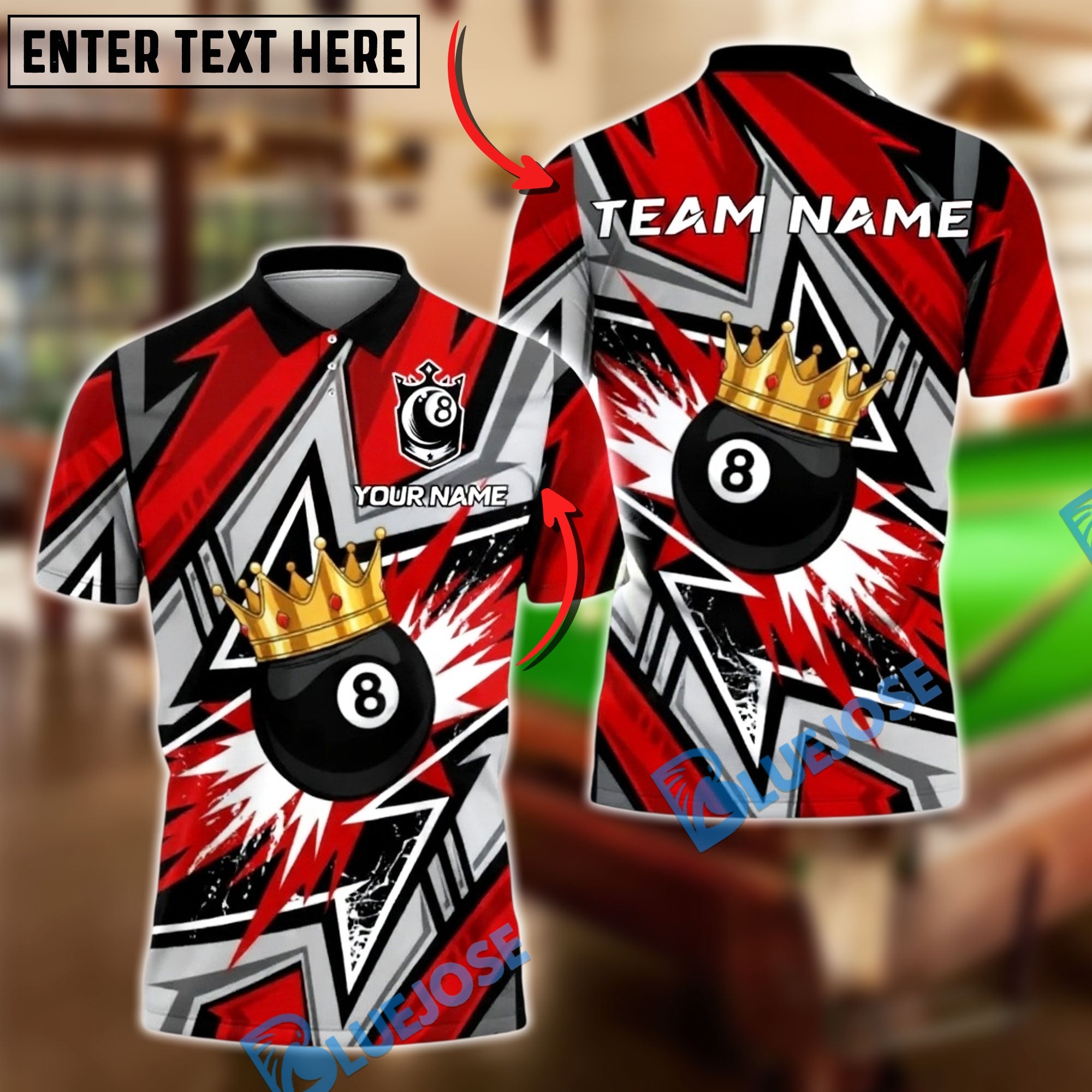 BlueJose Billiards 8 Ball Crown Splash Personalized Name, Team Name Unisex Shirt (4 Colors)