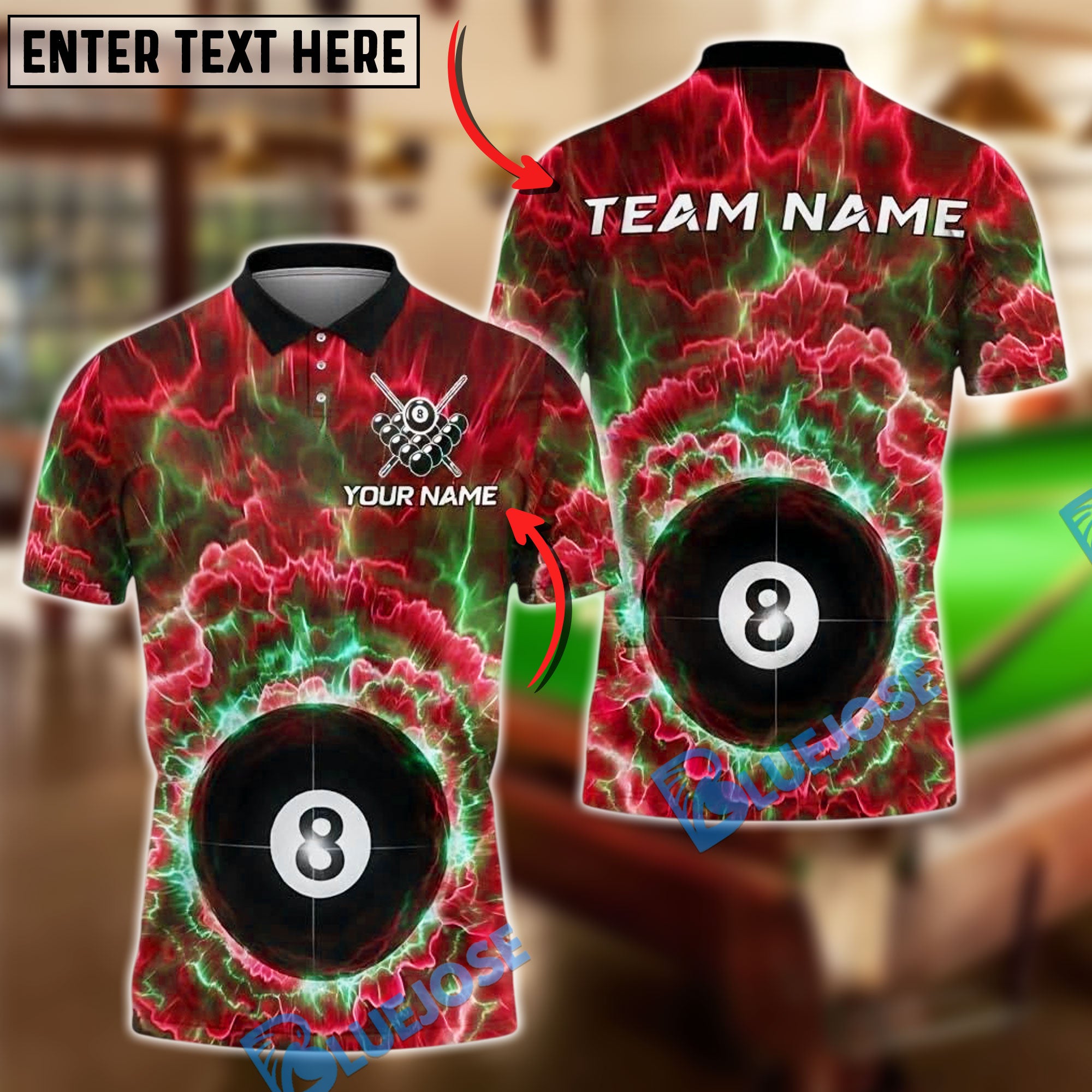 BlueJose Billiards 8 Ball Lightning Storm Personalized Name, Team Name Unisex Shirt (4 Colors)