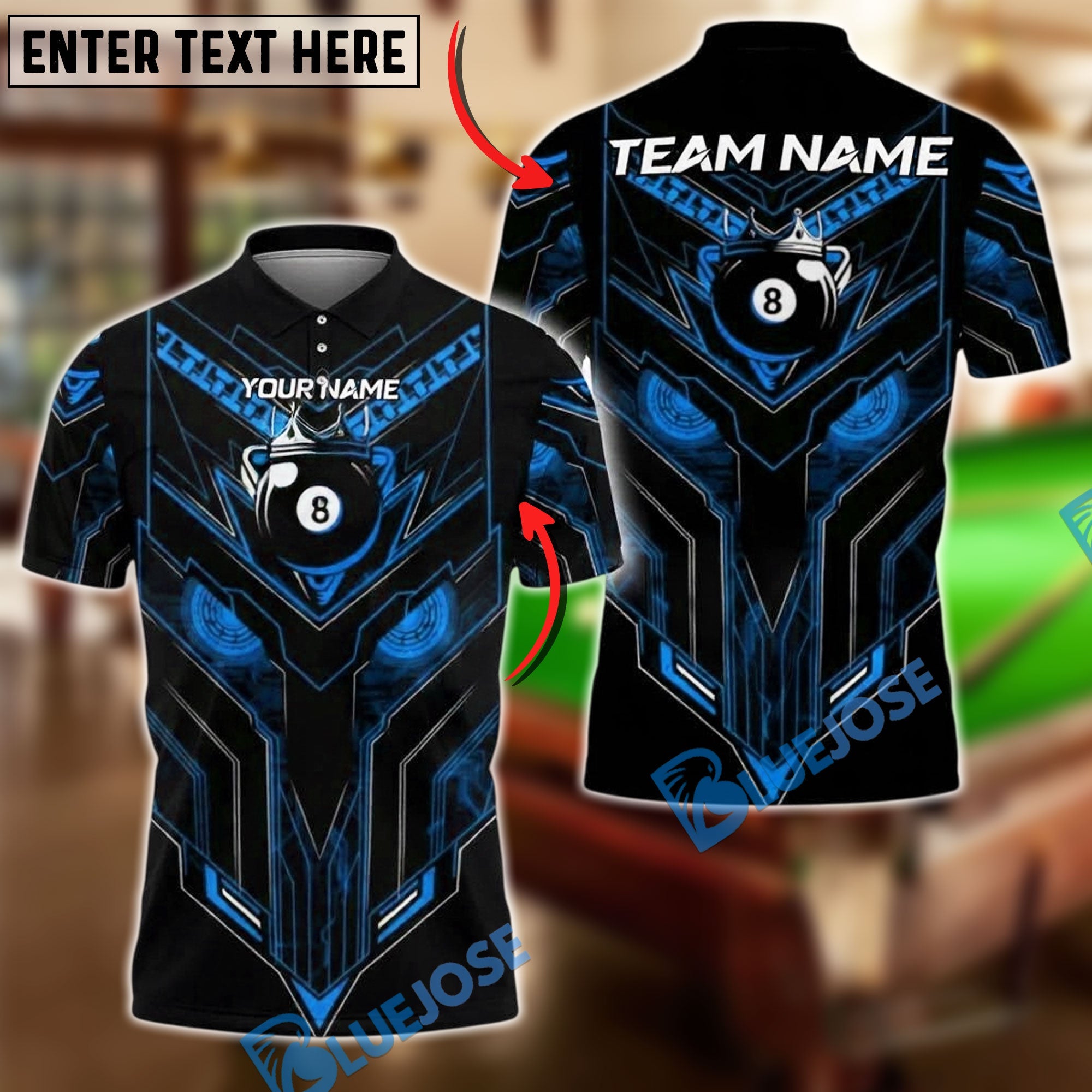 BlueJose Billiards 8 Ball Cyber Eyes Personalized Name, Team Name Unisex Shirt (4 Colors)