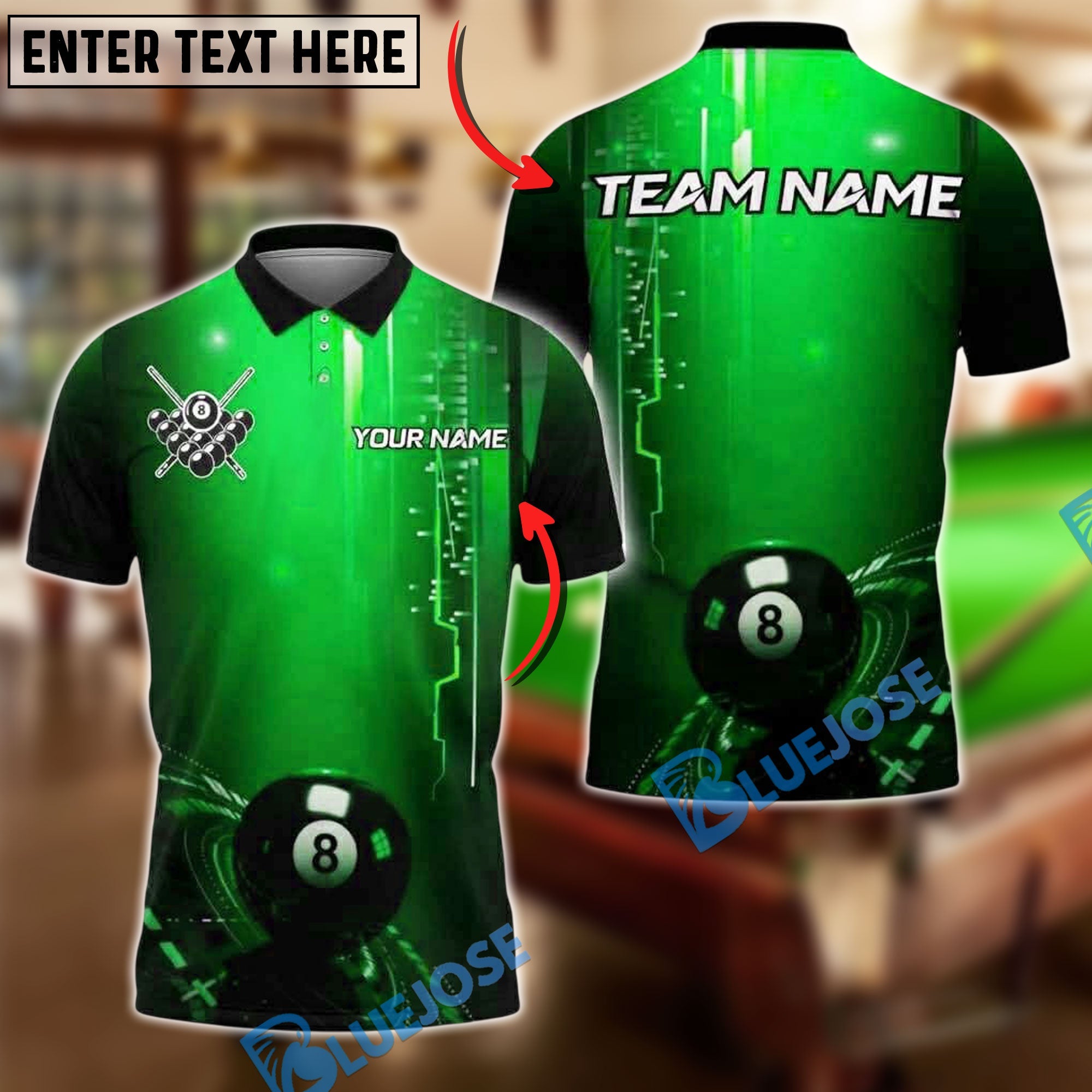 BlueJose Billiards 8 Ball Digital Glow Personalized Name, Team Name Unisex Shirt (4 Colors)