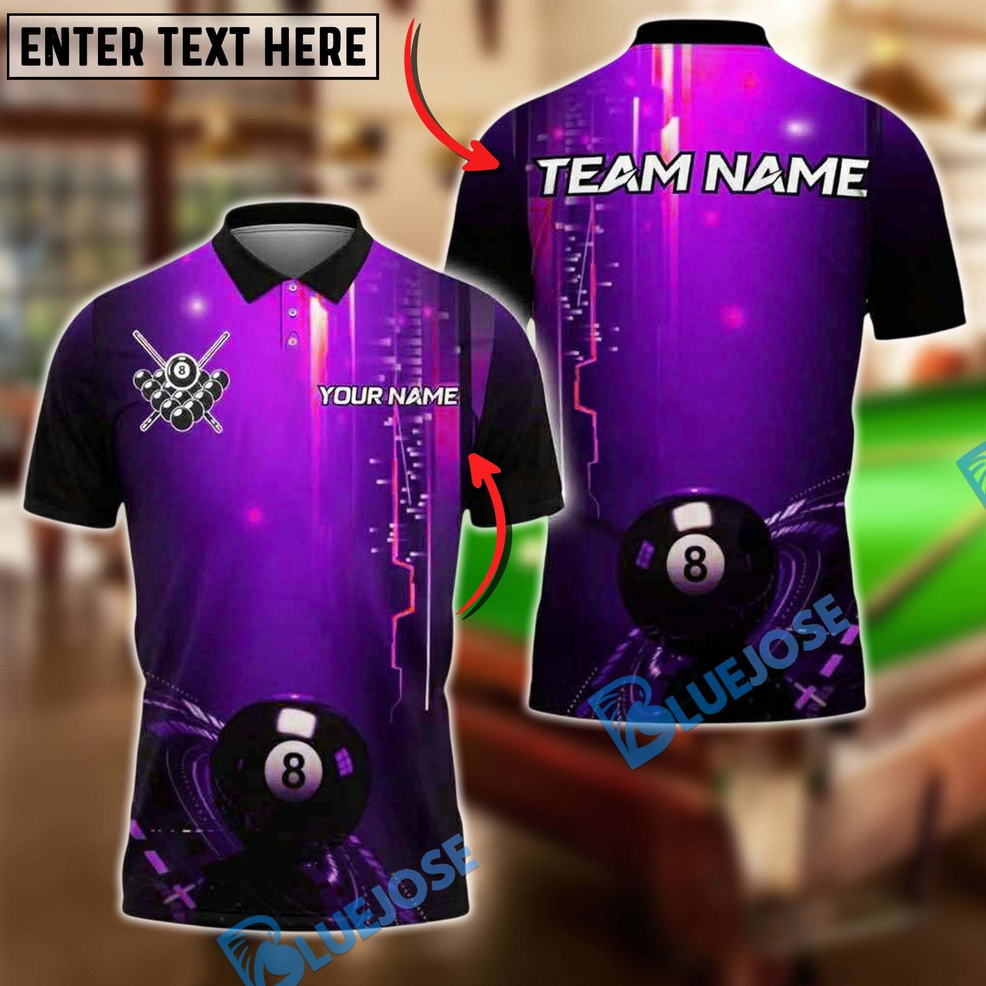 BlueJose Billiards 8 Ball Digital Glow Personalized Name, Team Name Unisex Shirt (4 Colors)