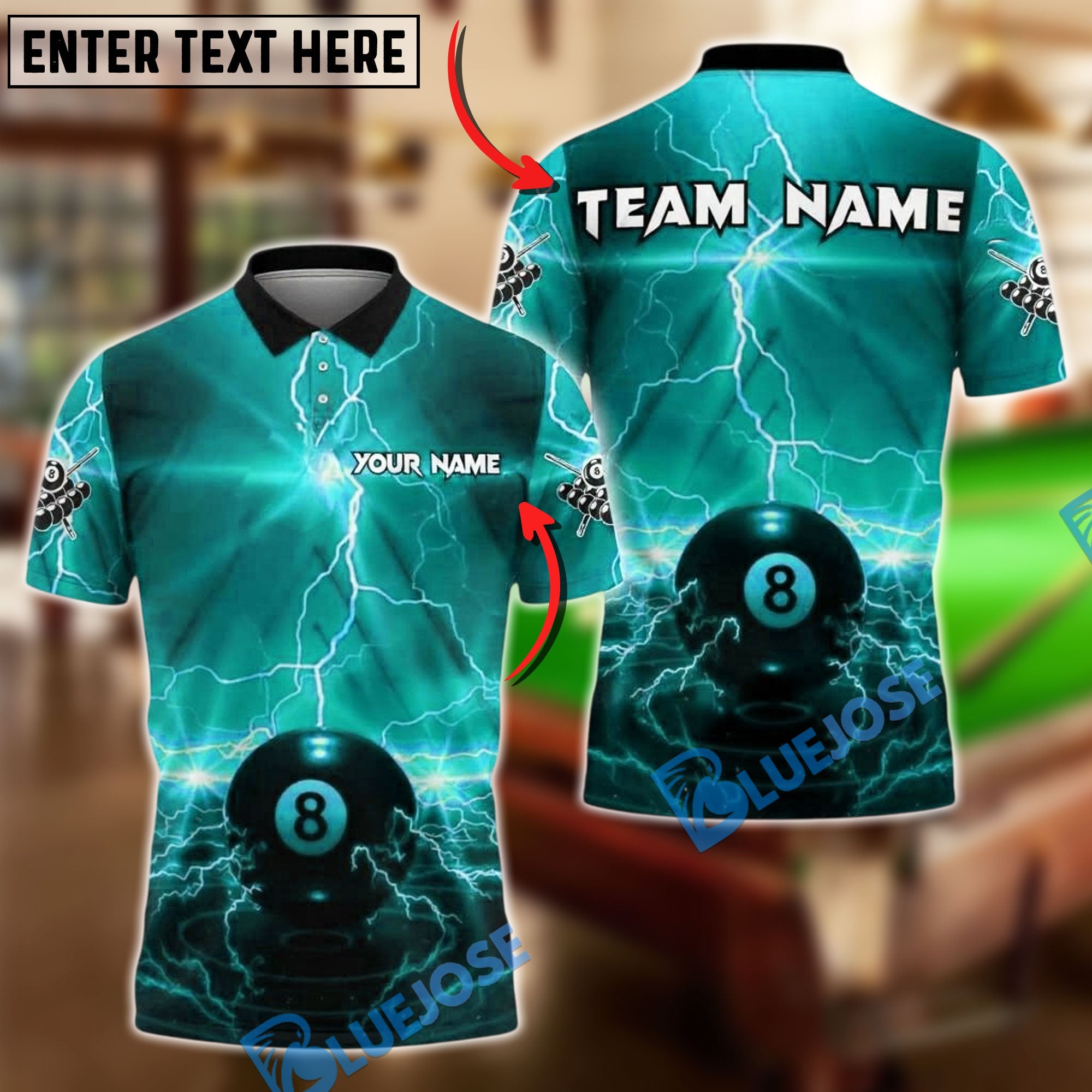 BlueJose Billiards 8 Ball Lightning Glow Storm Personalized Name, Team Name Unisex Shirt (4 Colors)