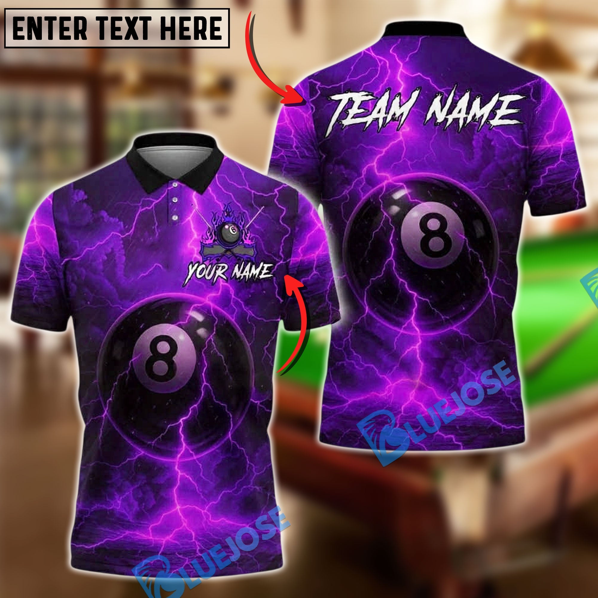 BlueJose Billiards 8 Ball Electric Energy Personalized Name, Team Name Unisex Shirt (4 Colors)