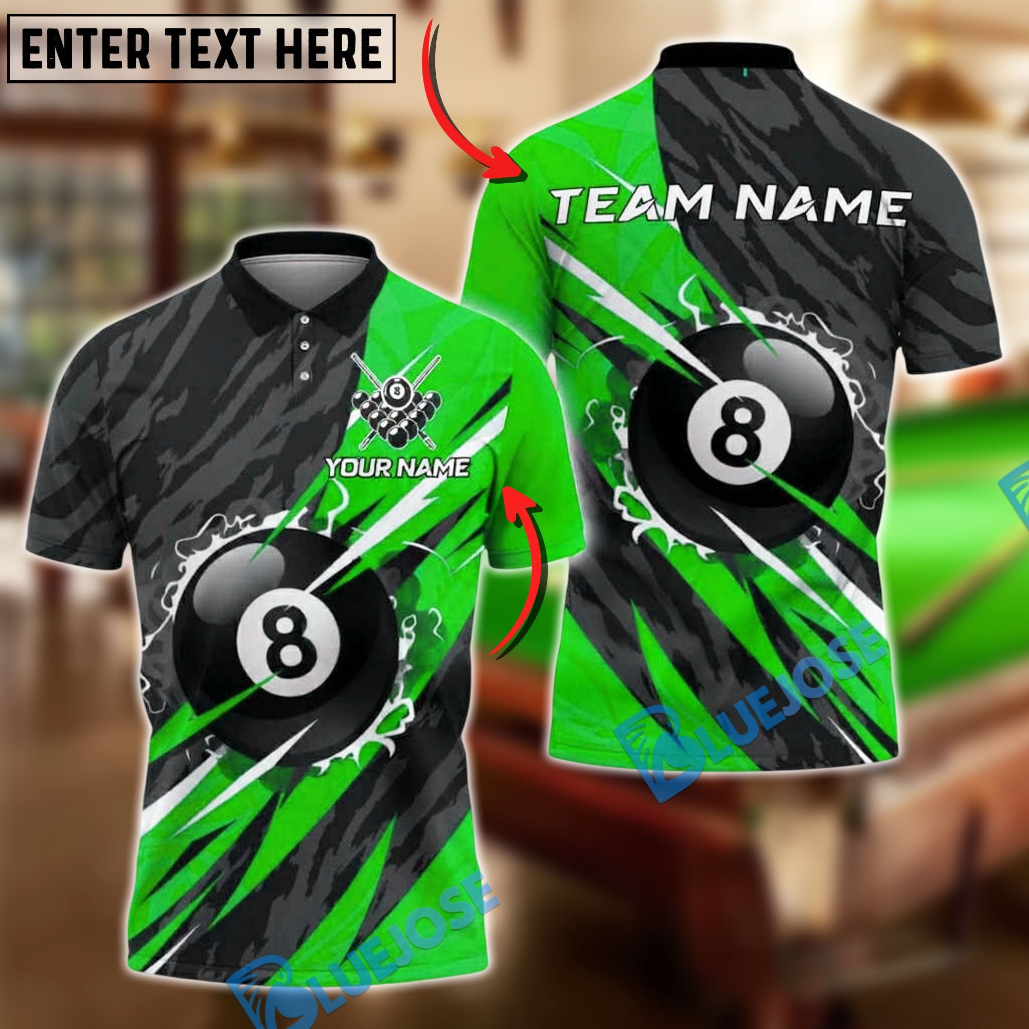 BlueJose Billiards 8 Ball Black Slash Personalized Name, Team Name Unisex Shirt (4 Colors)