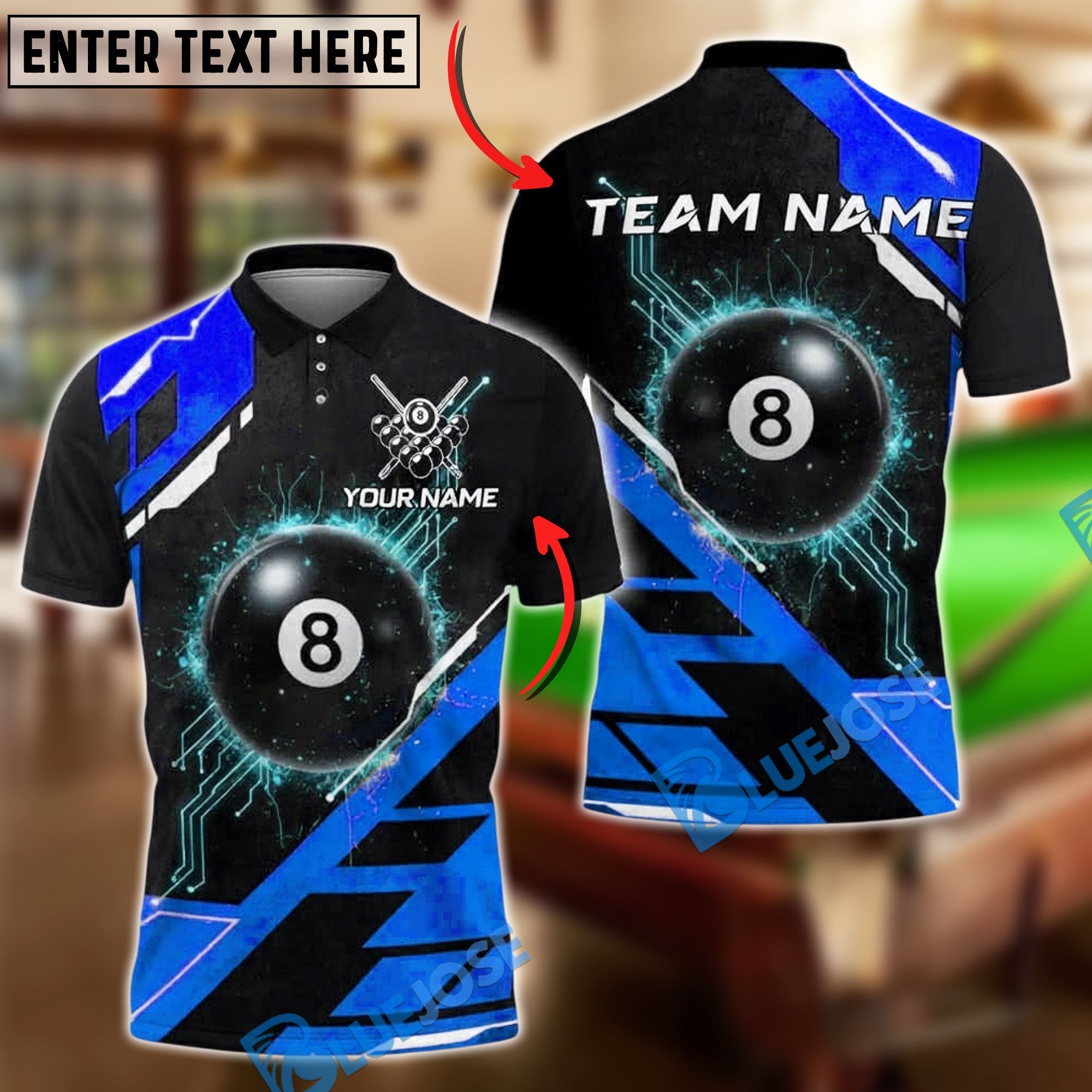 BlueJose Billiards 8 Ball Cyber Tech Glow Personalized Name, Team Name Unisex Shirt (4 Colors)