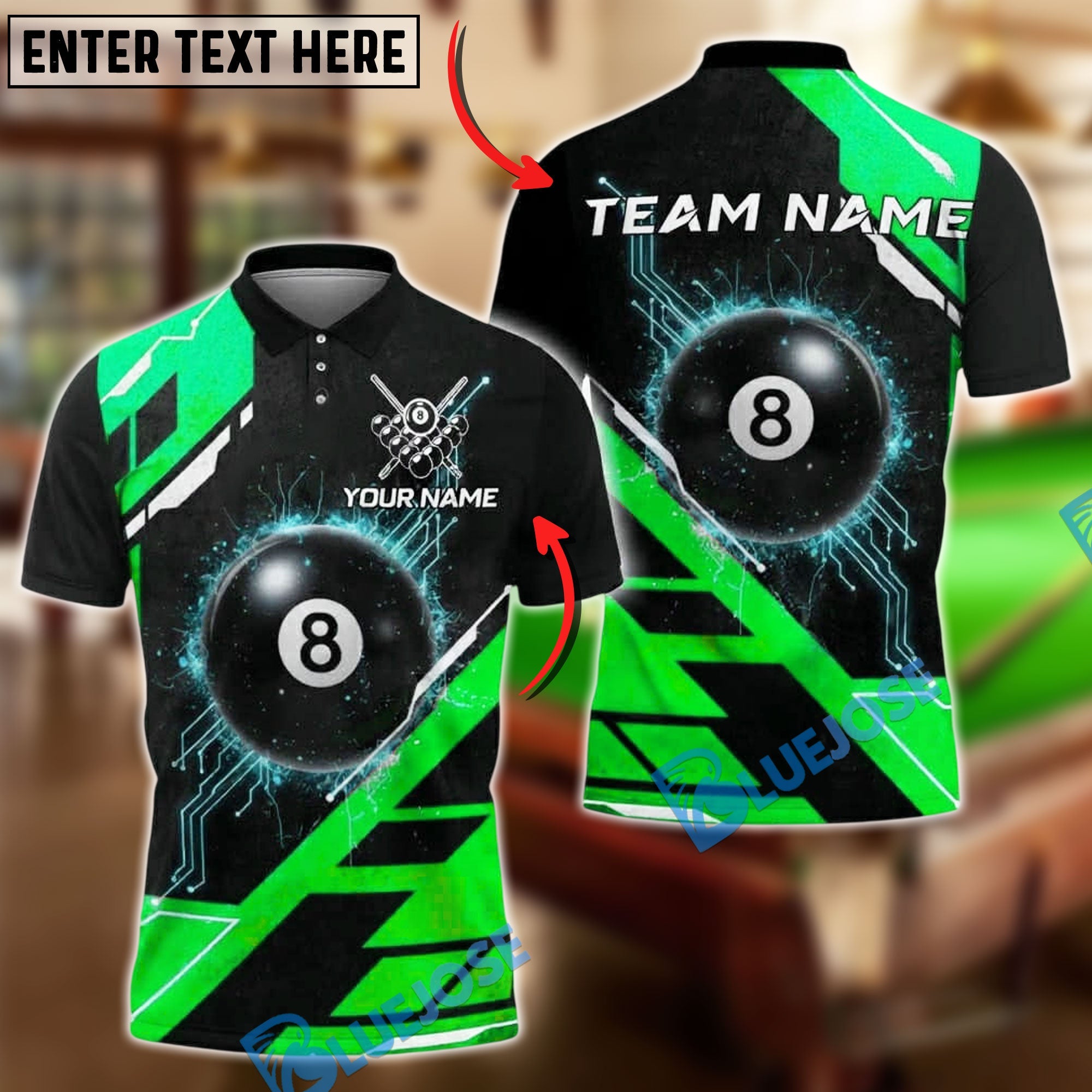 BlueJose Billiards 8 Ball Cyber Tech Glow Personalized Name, Team Name Unisex Shirt (4 Colors)