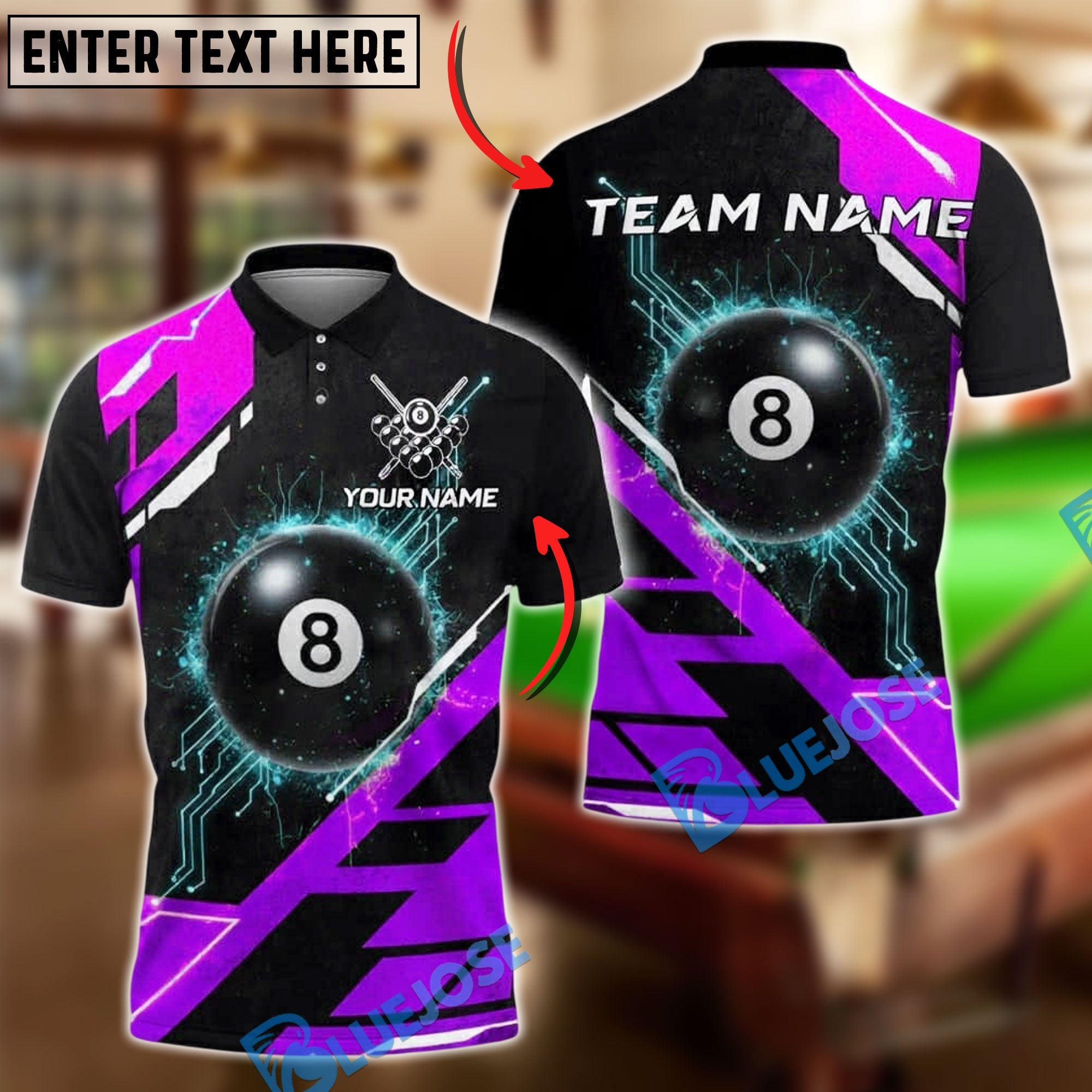 BlueJose Billiards 8 Ball Cyber Tech Glow Personalized Name, Team Name Unisex Shirt (4 Colors)