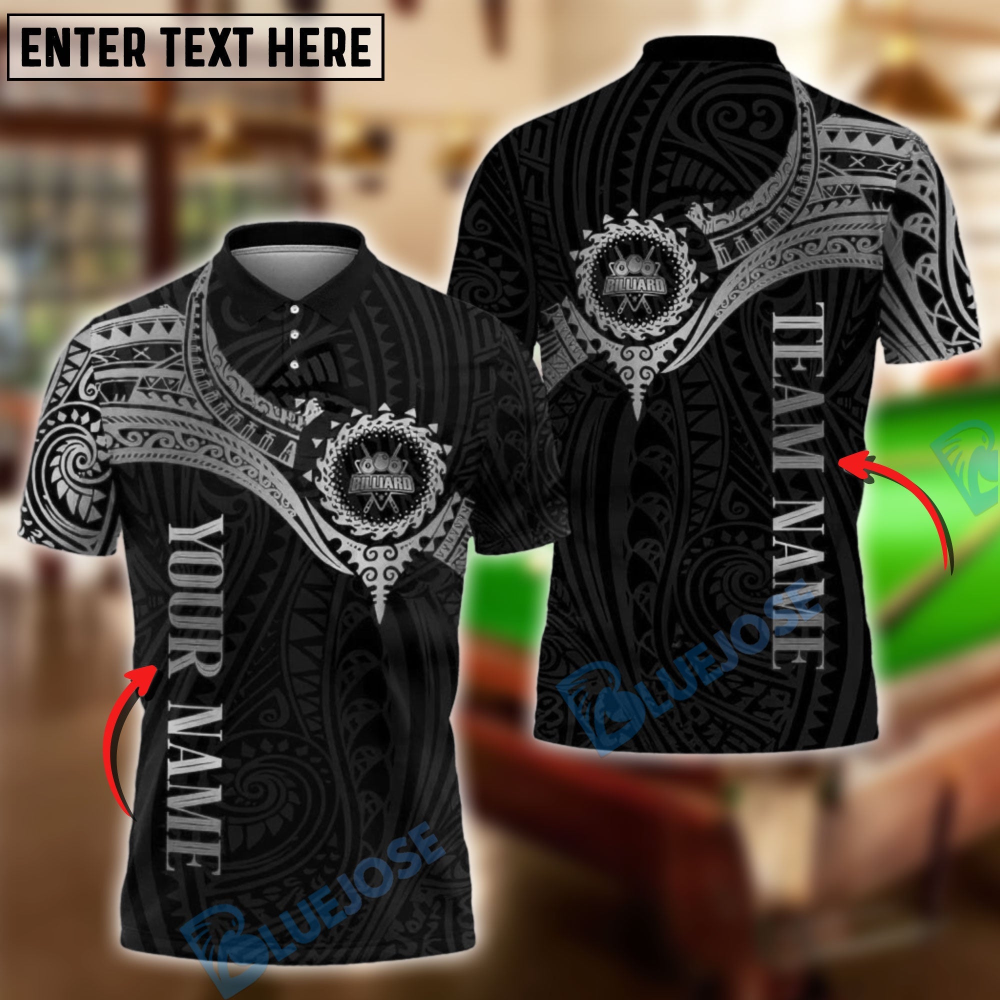 BlueJose Billiards Golden Tribal Pattern Personalized Name Shirt (4 Colors)