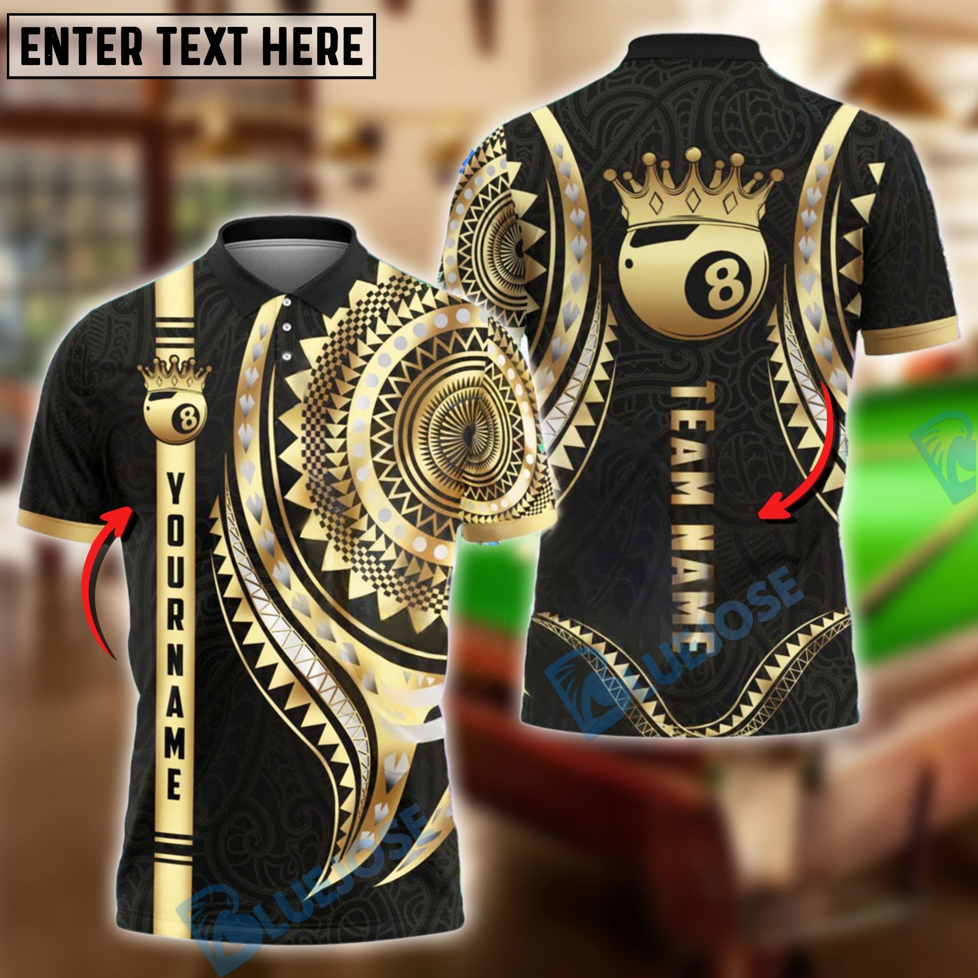 BlueJose Billiards 8 Ball Gold Mandala Personalized Name Shirt (4 Colors)