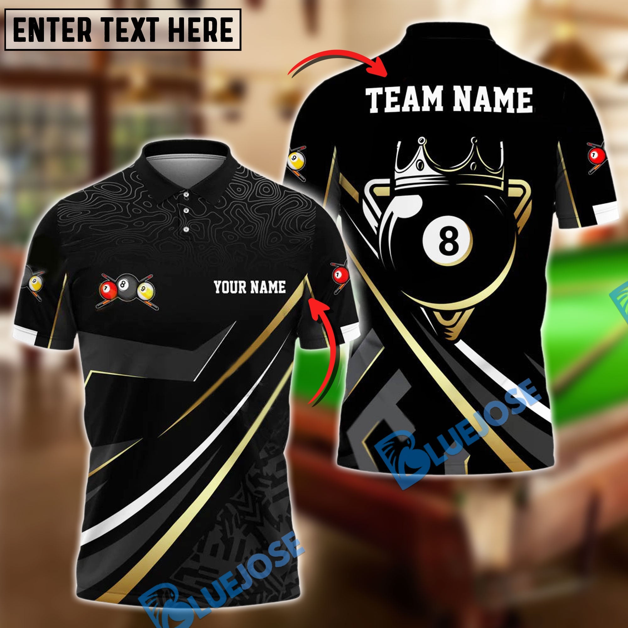 BlueJose Billiards Ball 8 Golden Crown Elegant Design Personalized Name Shirt (4 Colors)