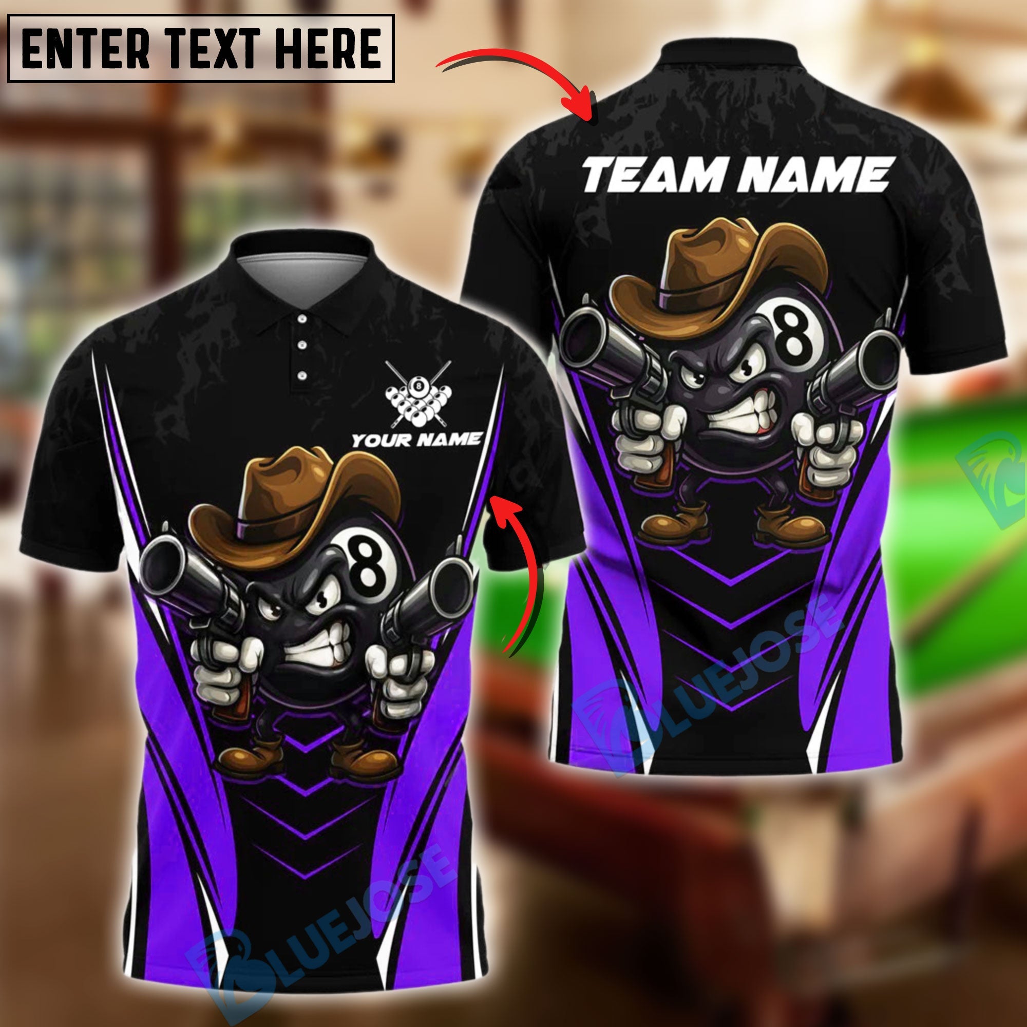 BlueJose Billiards Cowboy 8 Ball Cartoon Style Personalized Name Shirt (4 Colors)