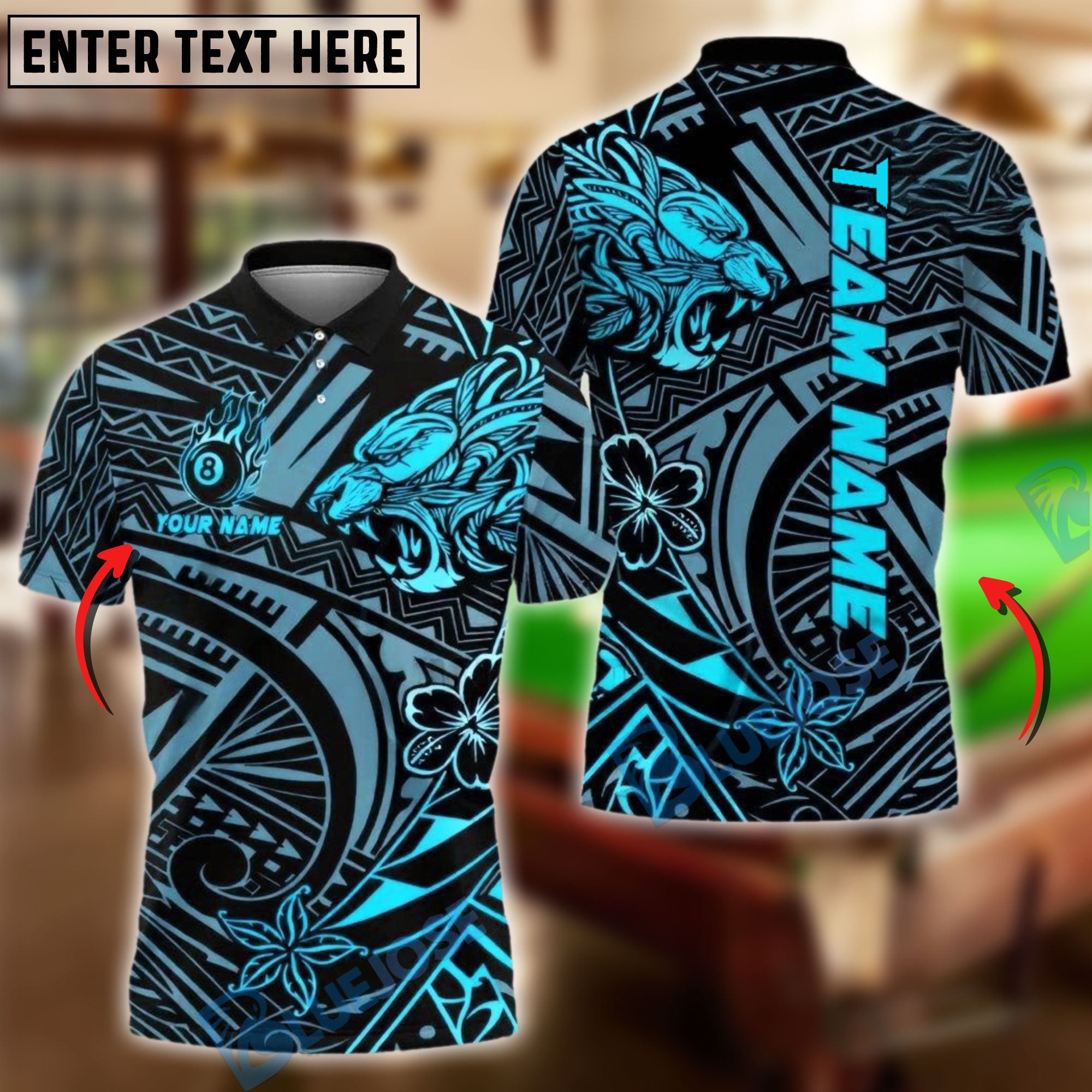 BlueJose Billiards Ball 8 Tribal Lion Head Polynesian Tattoo Pattern Personalized Name Shirt (4 Colors)