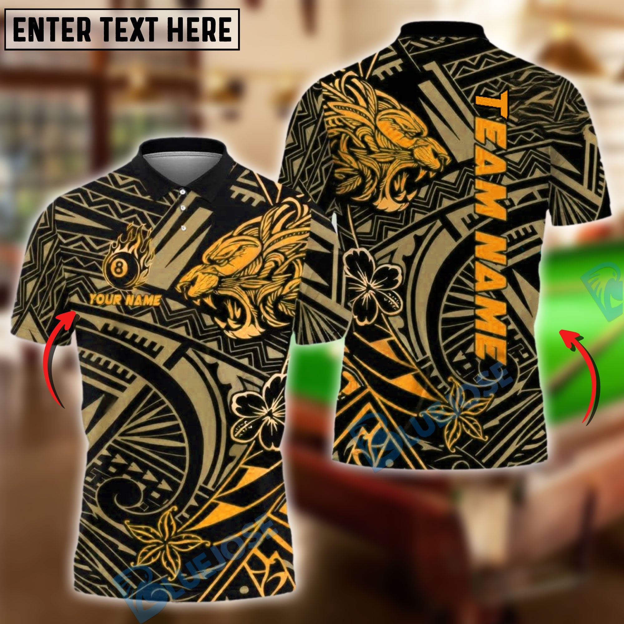 BlueJose Billiards Ball 8 Tribal Lion Head Polynesian Tattoo Pattern Personalized Name Shirt (4 Colors)