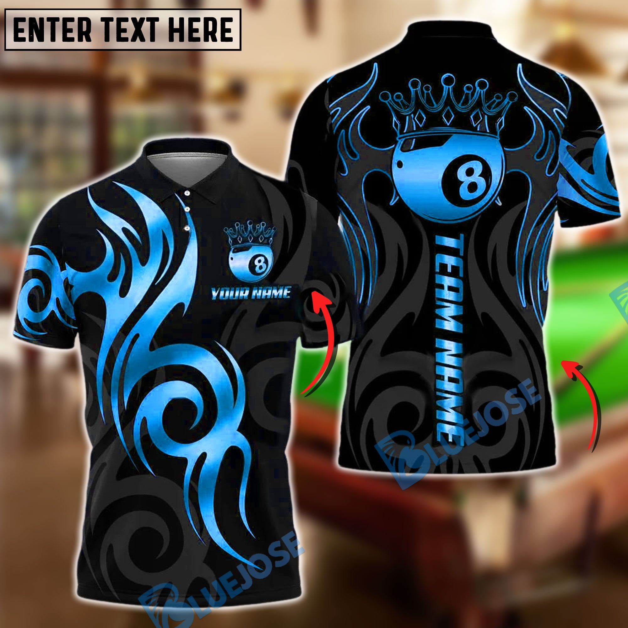 BlueJose Billiards Golden 8 Ball Crown Tribal Pattern Personalized Name, Team Name Shirt (6 Colors)