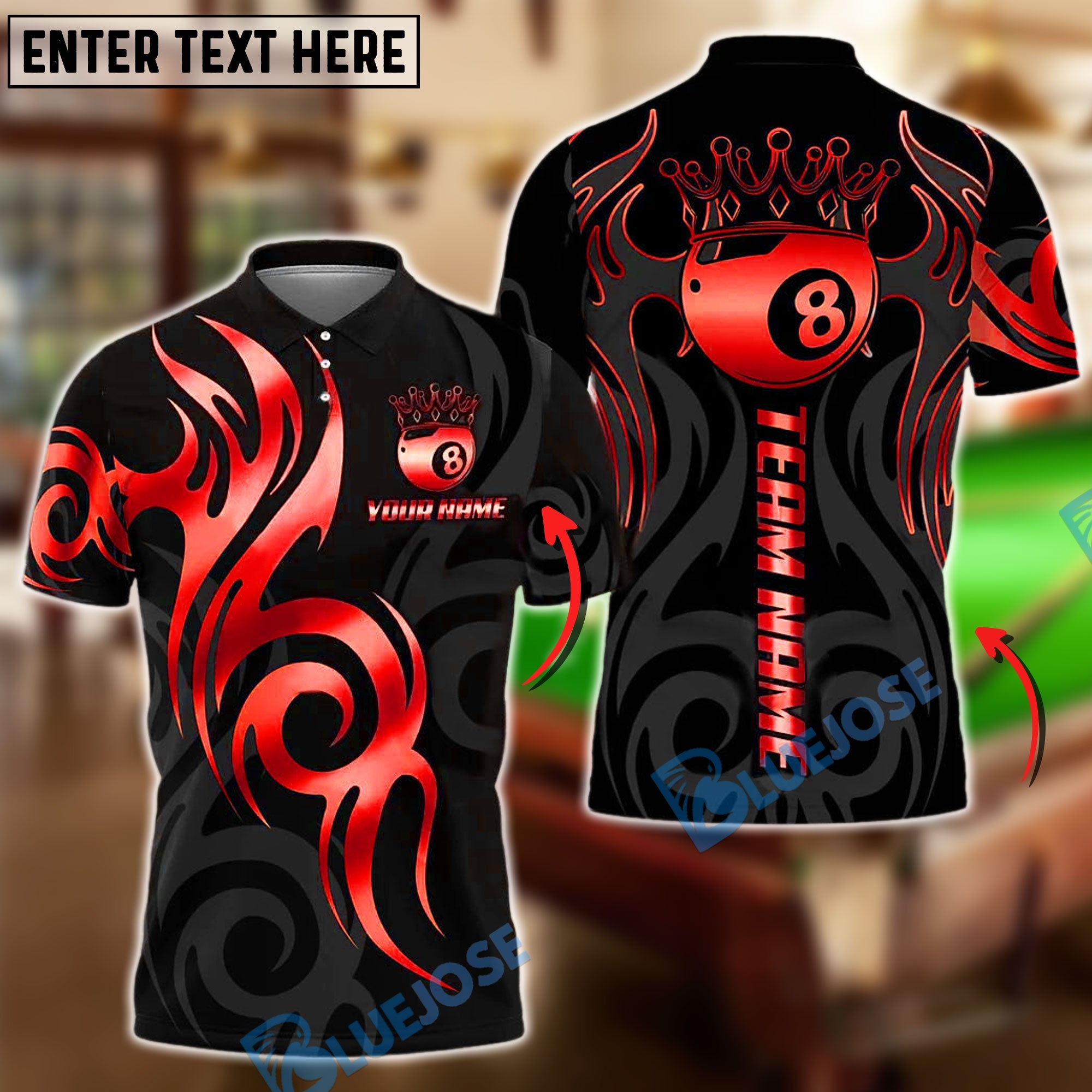BlueJose Billiards Golden 8 Ball Crown Tribal Pattern Personalized Name, Team Name Shirt (6 Colors)