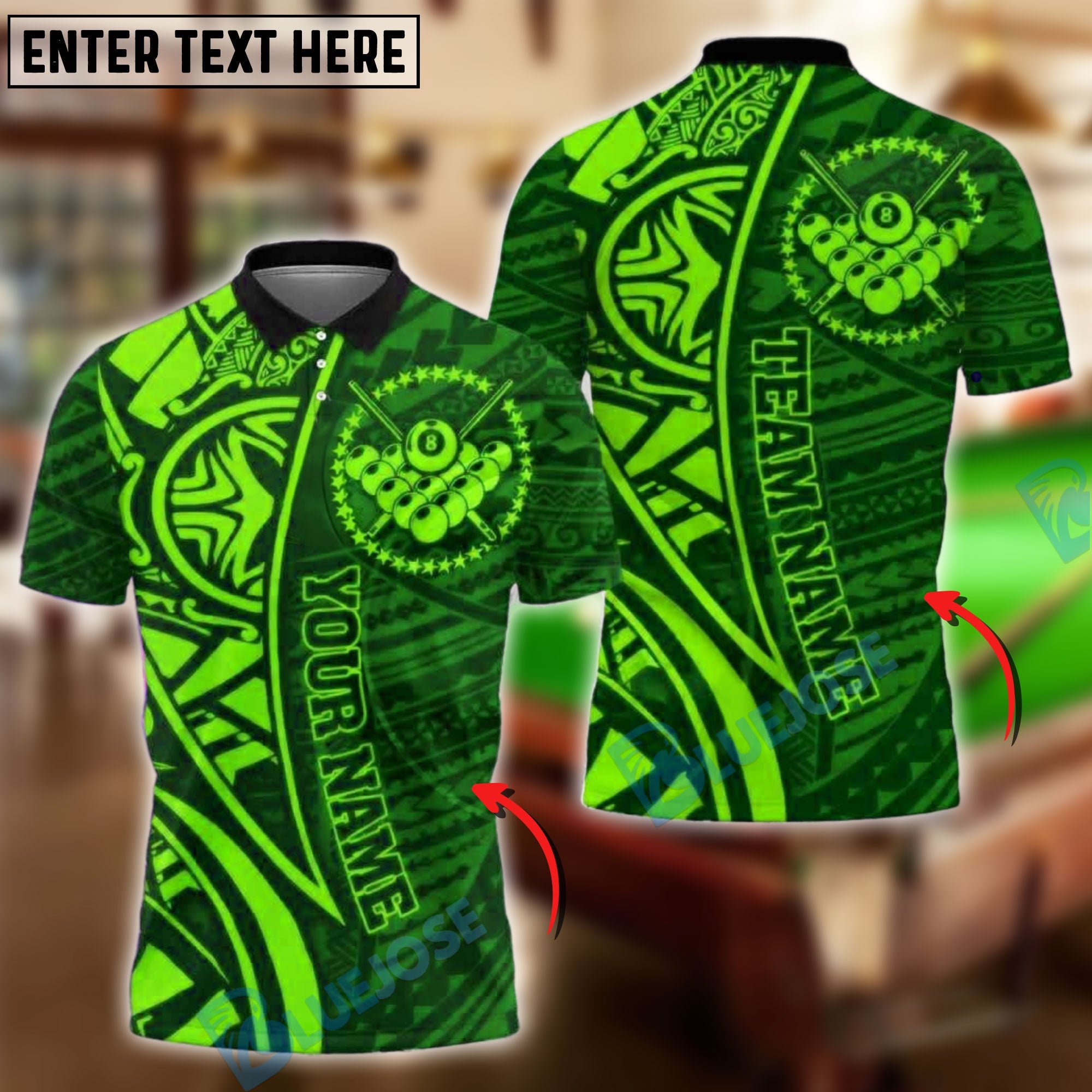 BlueJose Billiards Ball 8 Tribal Polynesian Pattern Personalized Name, Team Name Unisex Shirt (4 Colors)