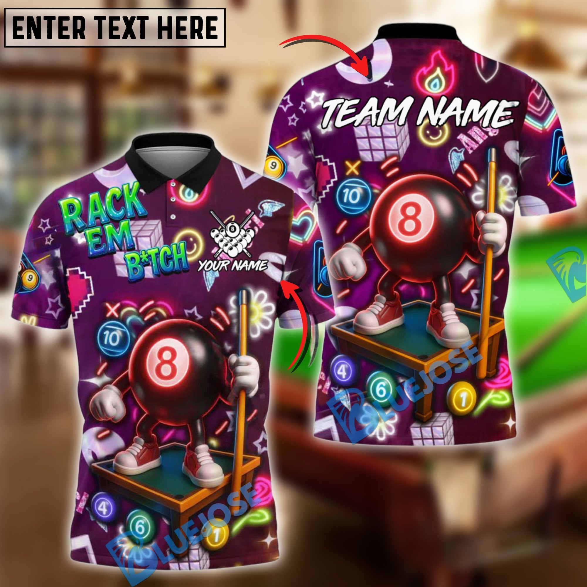 BlueJose Billiards Neon 8-Ball Arcade Glow Style Personalized Name Shirt (4 Colors)