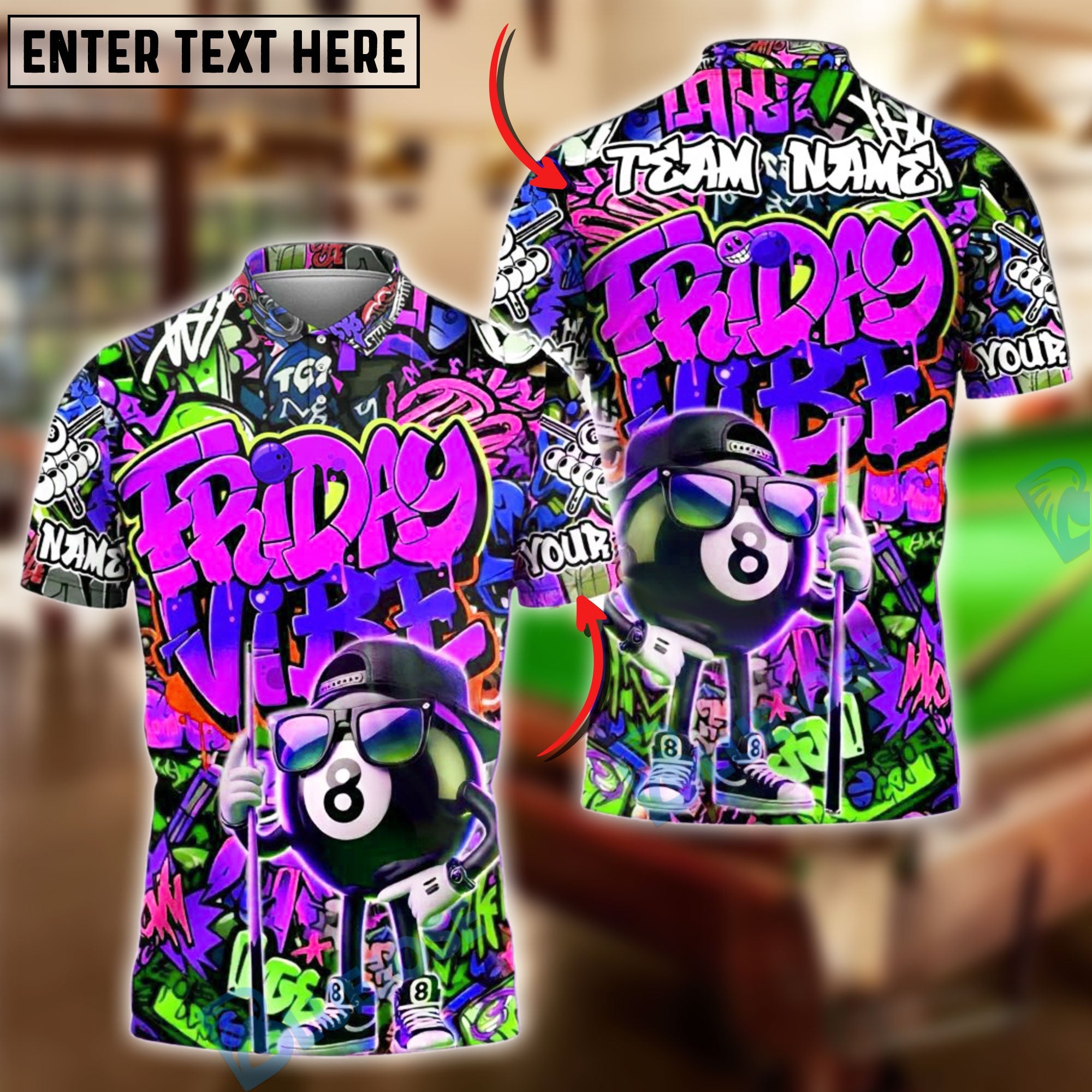 BlueJose Billiards Cool 8 Ball Friday Vibe Graffiti Personalized Name, Team Name Unisex Shirt (4 Colors)