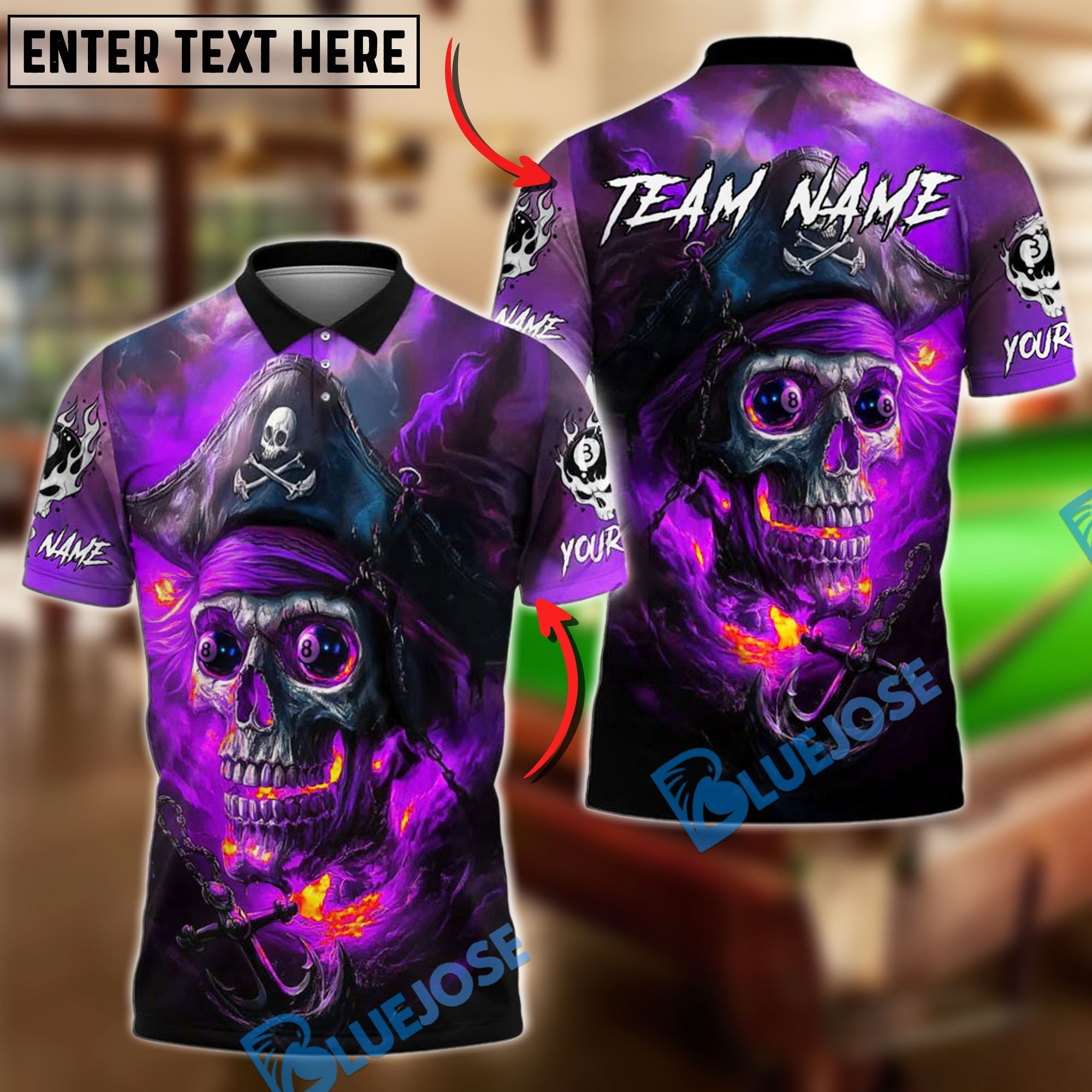 BlueJose Billiards 8 Ball Pirate Skull Flame Personalized Name, Team Name Unisex Shirt (4 Colors)