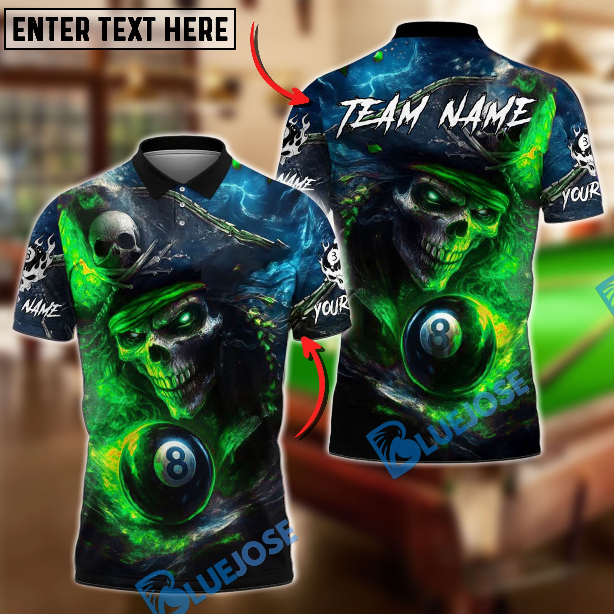 BlueJose Billiards 8 Ball Pirate Skull Ocean Personalized Name, Team Name Unisex Shirt (4 Colors)