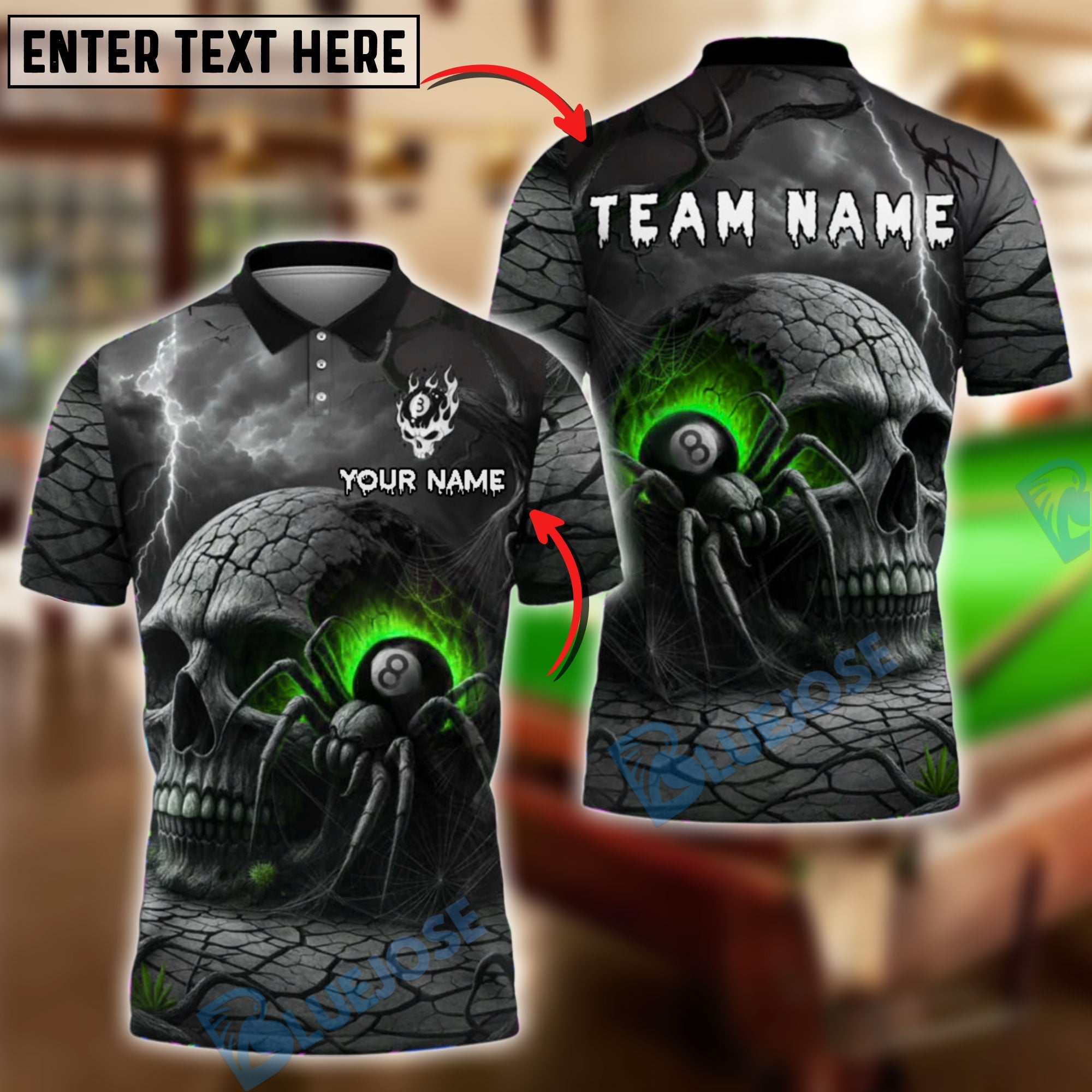 BlueJose Billiards 8 Ball Skull Spider Web Eyes Personalized Name, Team Name Unisex Shirt (4 Colors)
