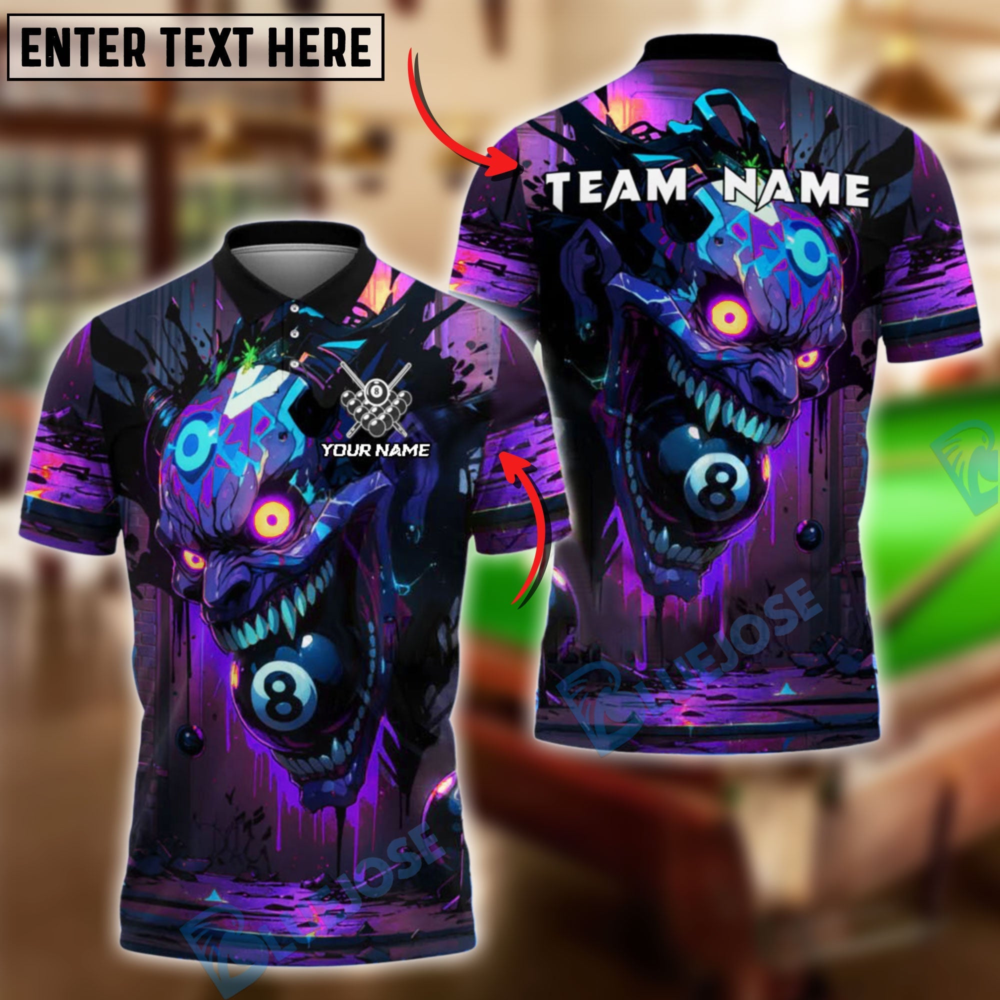 BlueJose Billiards 8-Ball Crazy Skull Jocker Colorful Graffiti Personalized Name, Team Name Unisex Shirt (4 Colors)