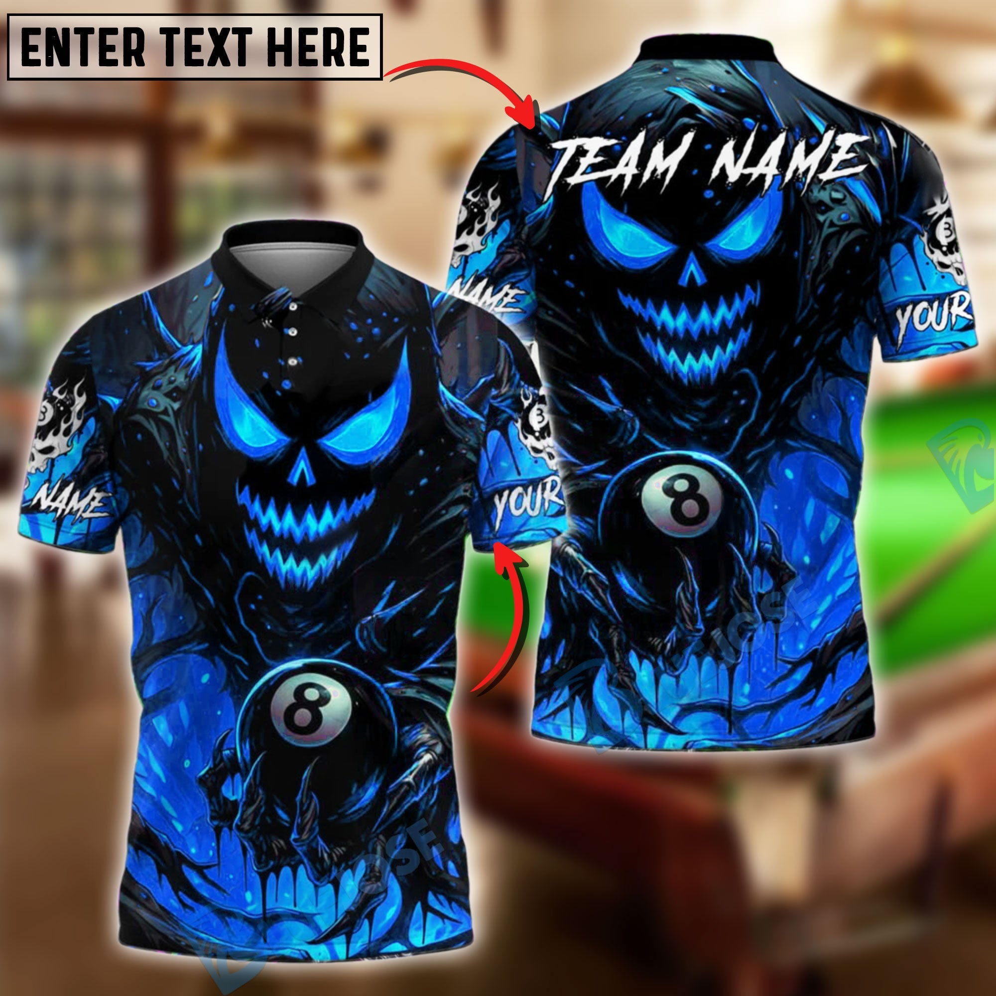 BlueJose Billiards 8 Ball Evil Pumpkin Demon Personalized Name, Team Name Unisex Shirt (4 Colors)