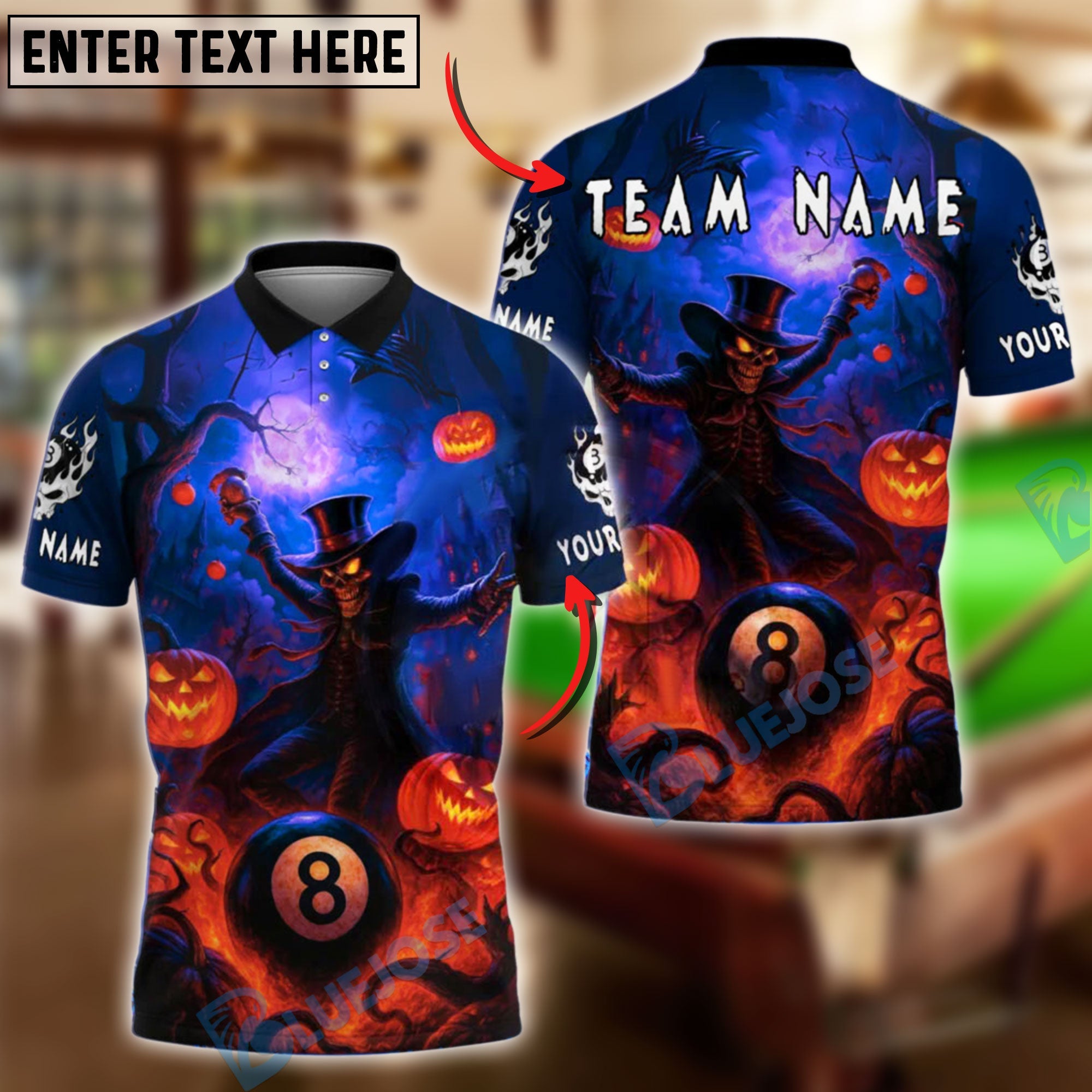 BlueJose Billiards 8-Ball Halloween Pumpkin Scarecrow 2 Personalized Name, Team Name Unisex Shirt (4 Colors)