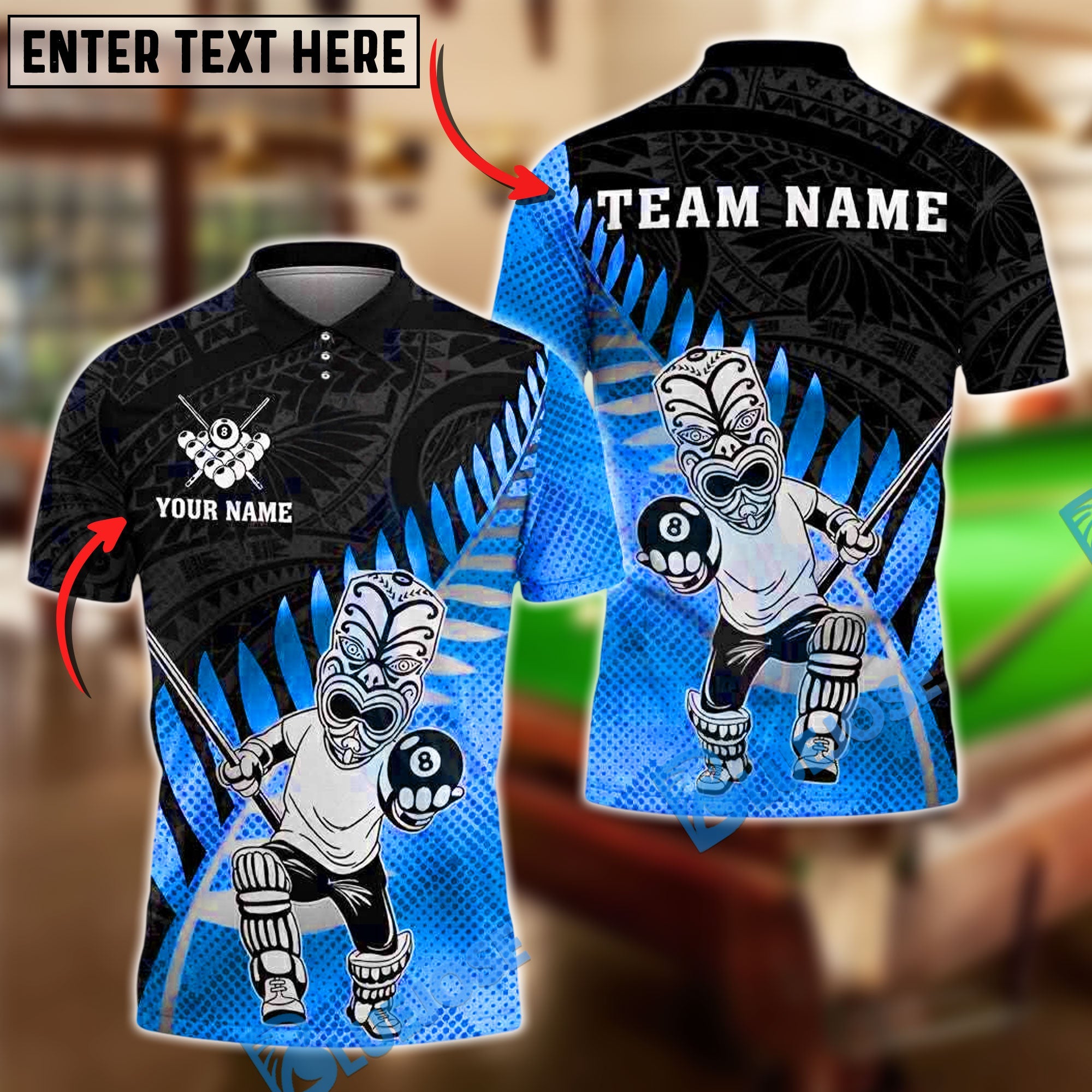 BlueJose Billiards Ball 8 Maori Warrior Tribal Gold Personalized Name, Team Name Unisex Shirt (4 Colors)