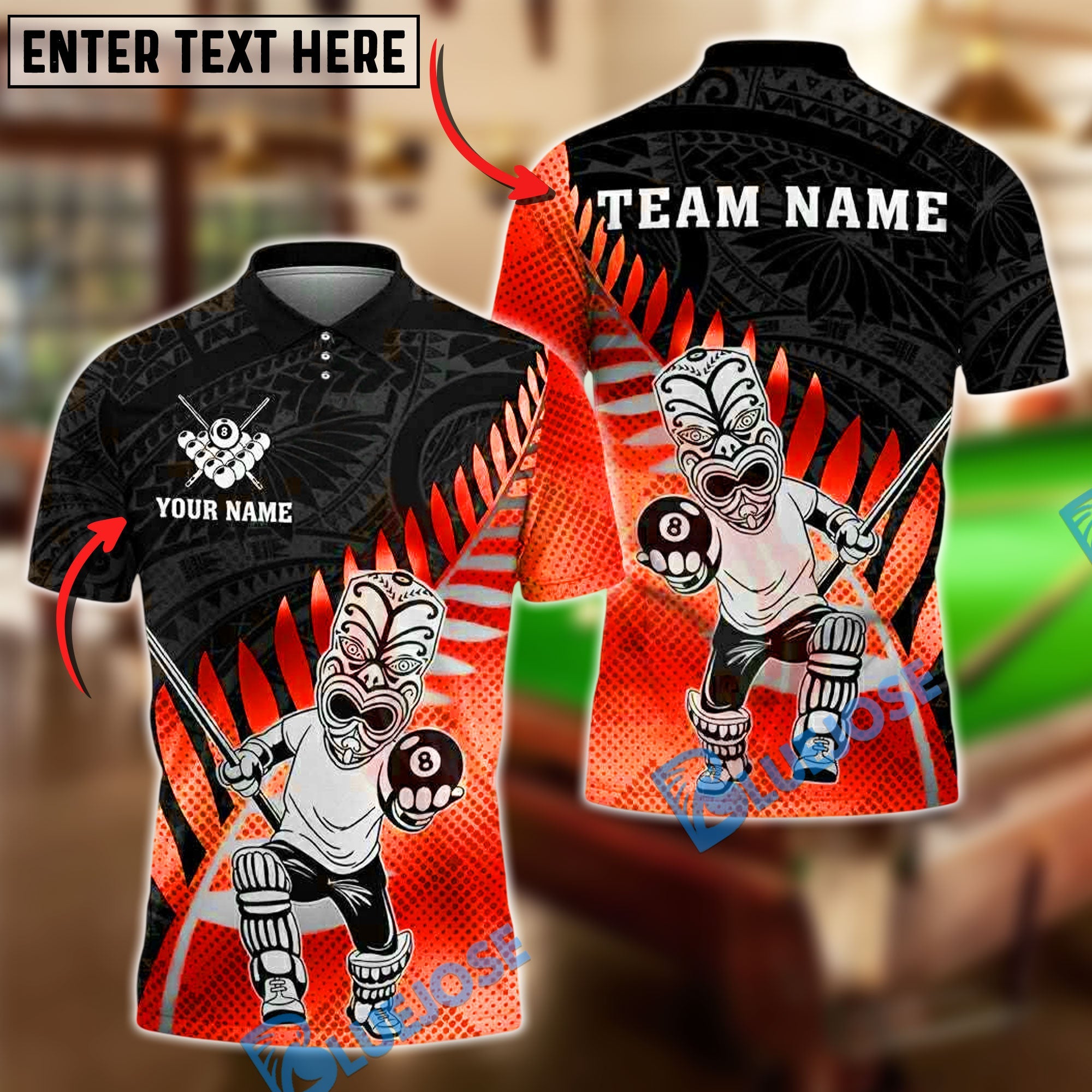 BlueJose Billiards Ball 8 Maori Warrior Tribal Gold Personalized Name, Team Name Unisex Shirt (4 Colors)