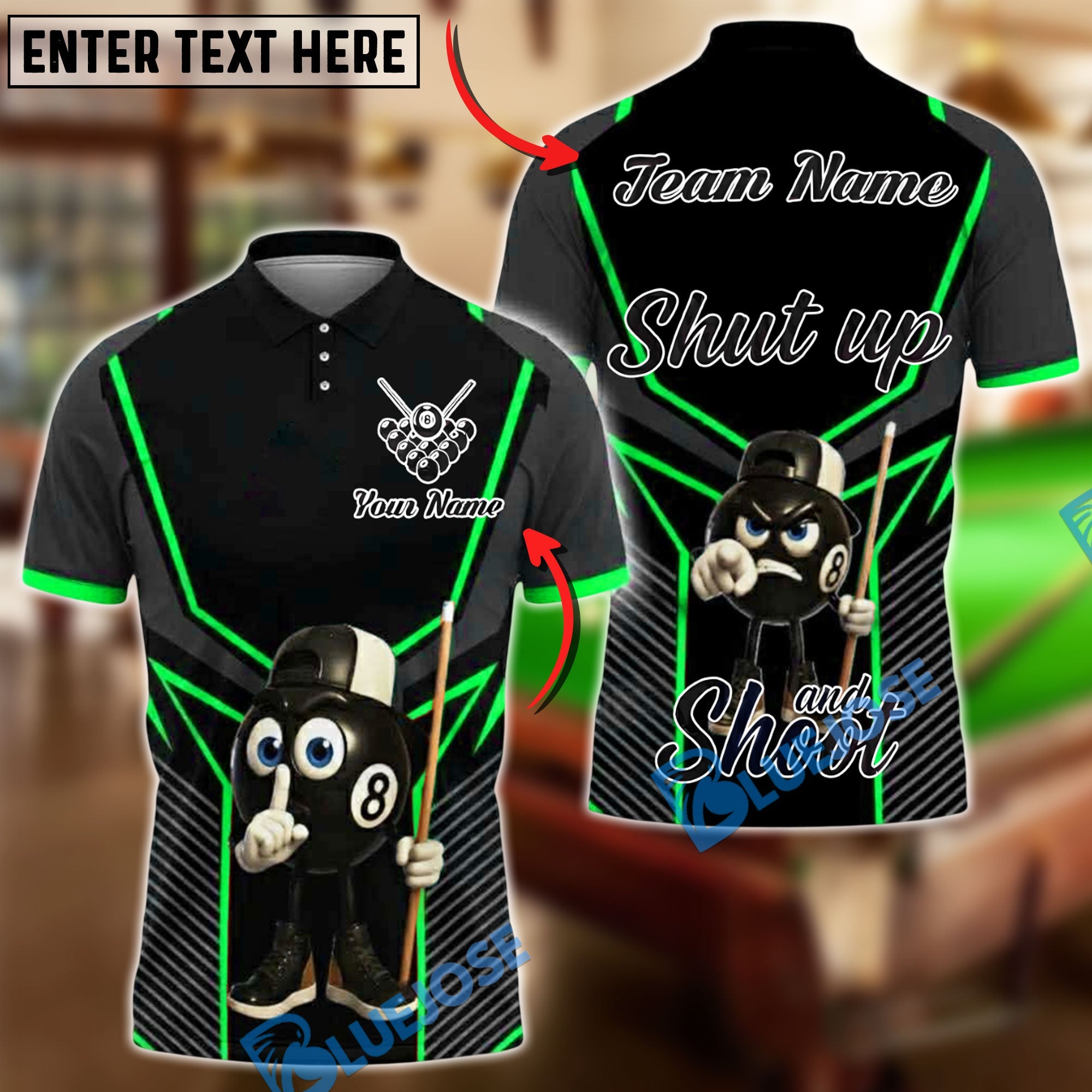 BlueJose Billiards 8-Ball Pool Shut Up and Shoot Black Personalized Name, Team Name Unisex Shirt (4 Colors)