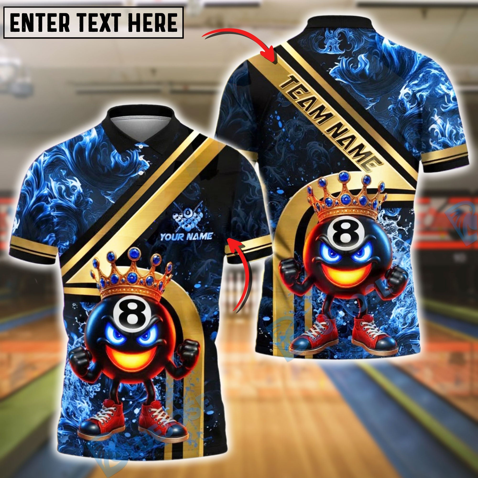 BlueJose Billiards King 8 Ball Golden Fire Design Personalized Name Shirt (4 Colors)