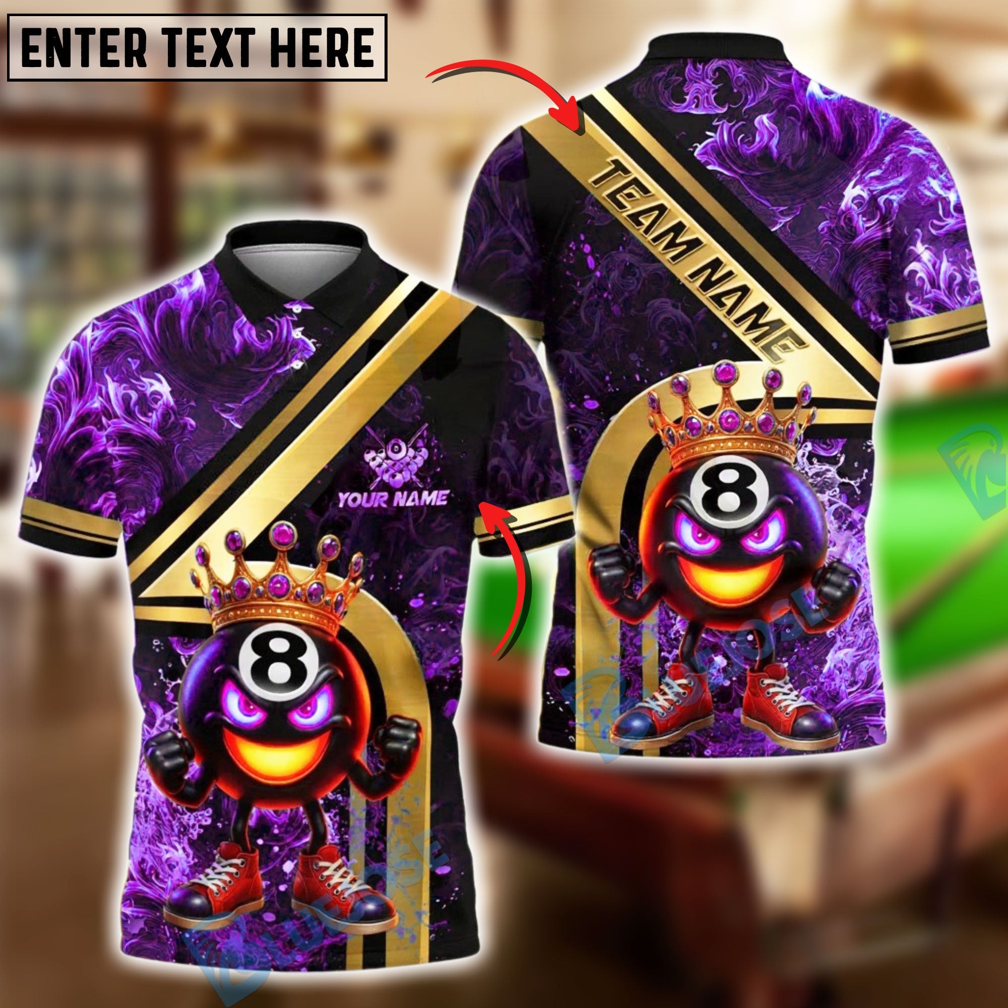 BlueJose Billiards King 8 Ball Golden Fire Design Personalized Name Shirt (4 Colors)