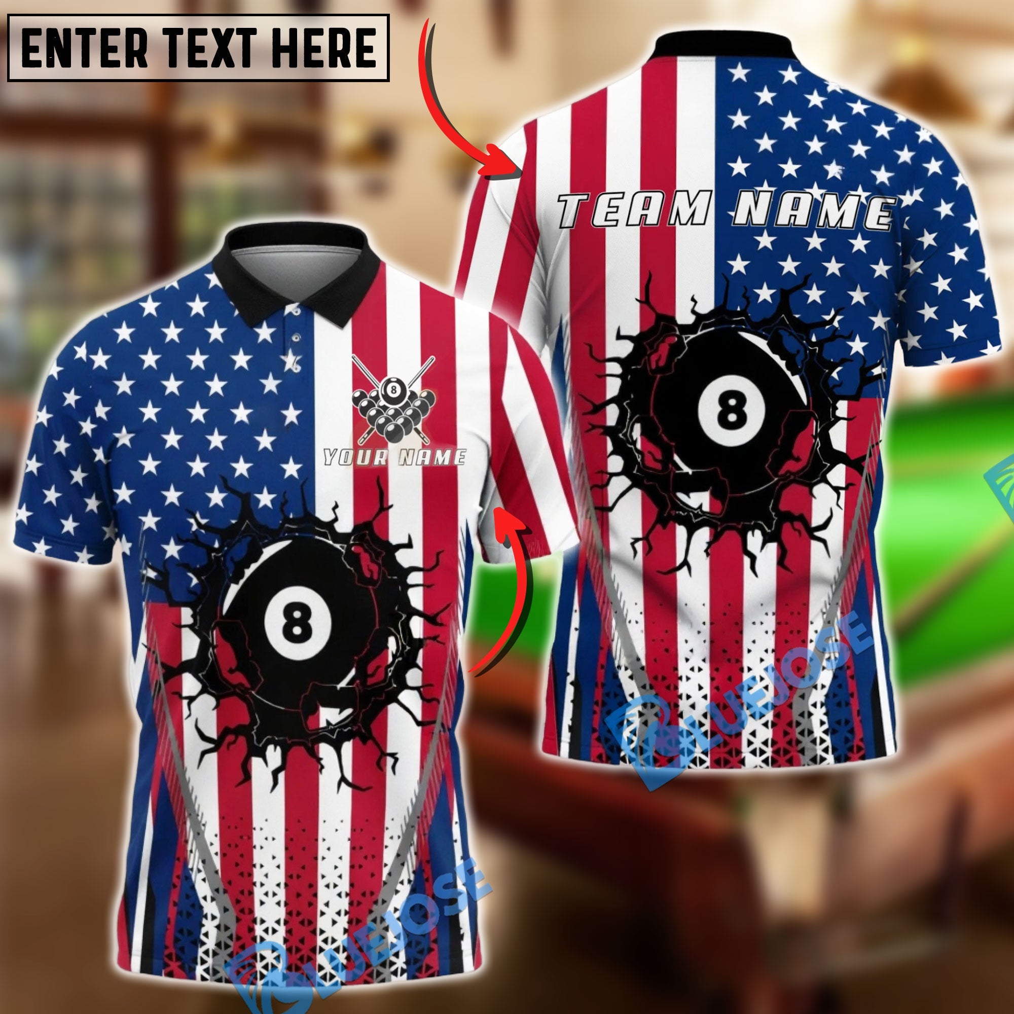 BlueJose Billiards USA Cracked 8 Ball Impact Personalized Shirt