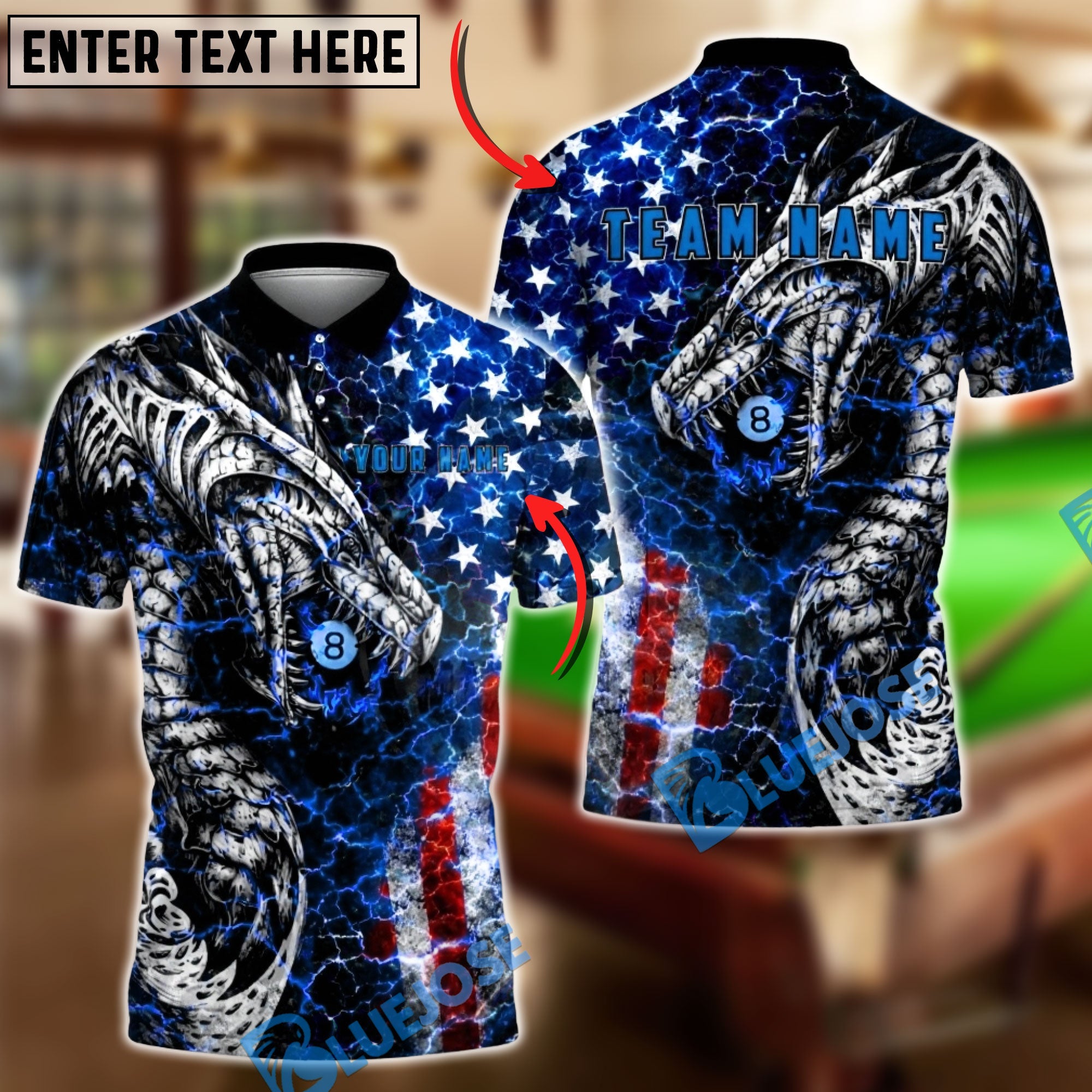 BlueJose Billiards Patriotic Dragon Lightning 8 Ball Personalized Name Shirt (4 Colors)