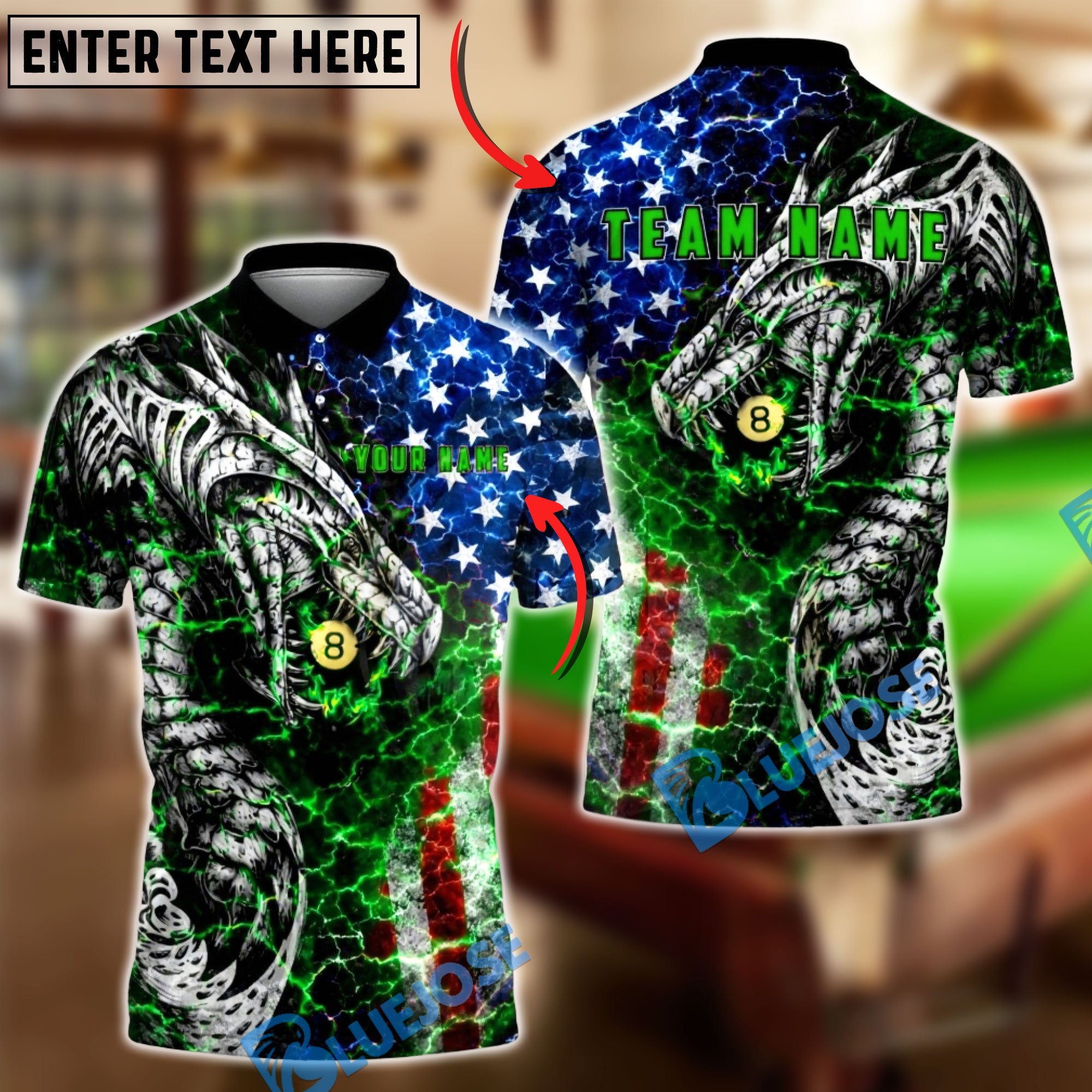 BlueJose Billiards Patriotic Dragon Lightning 8 Ball Personalized Name Shirt (4 Colors)