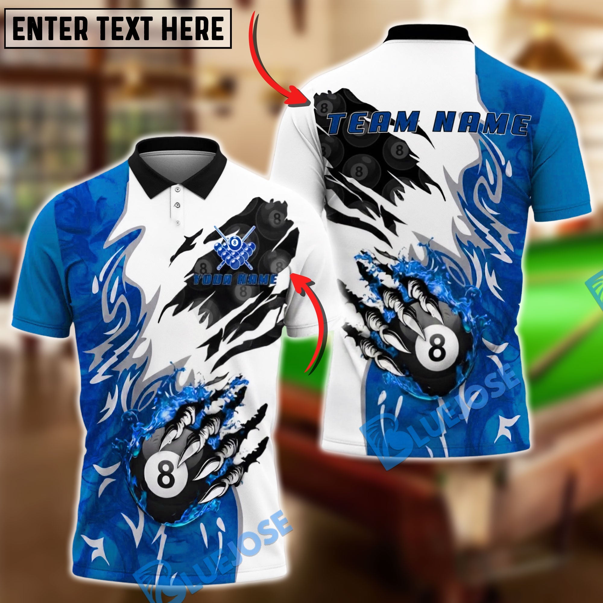 BlueJose Billiards Fire 8 Ball Claw Smash Personalized Name Shirt (4 Colors)