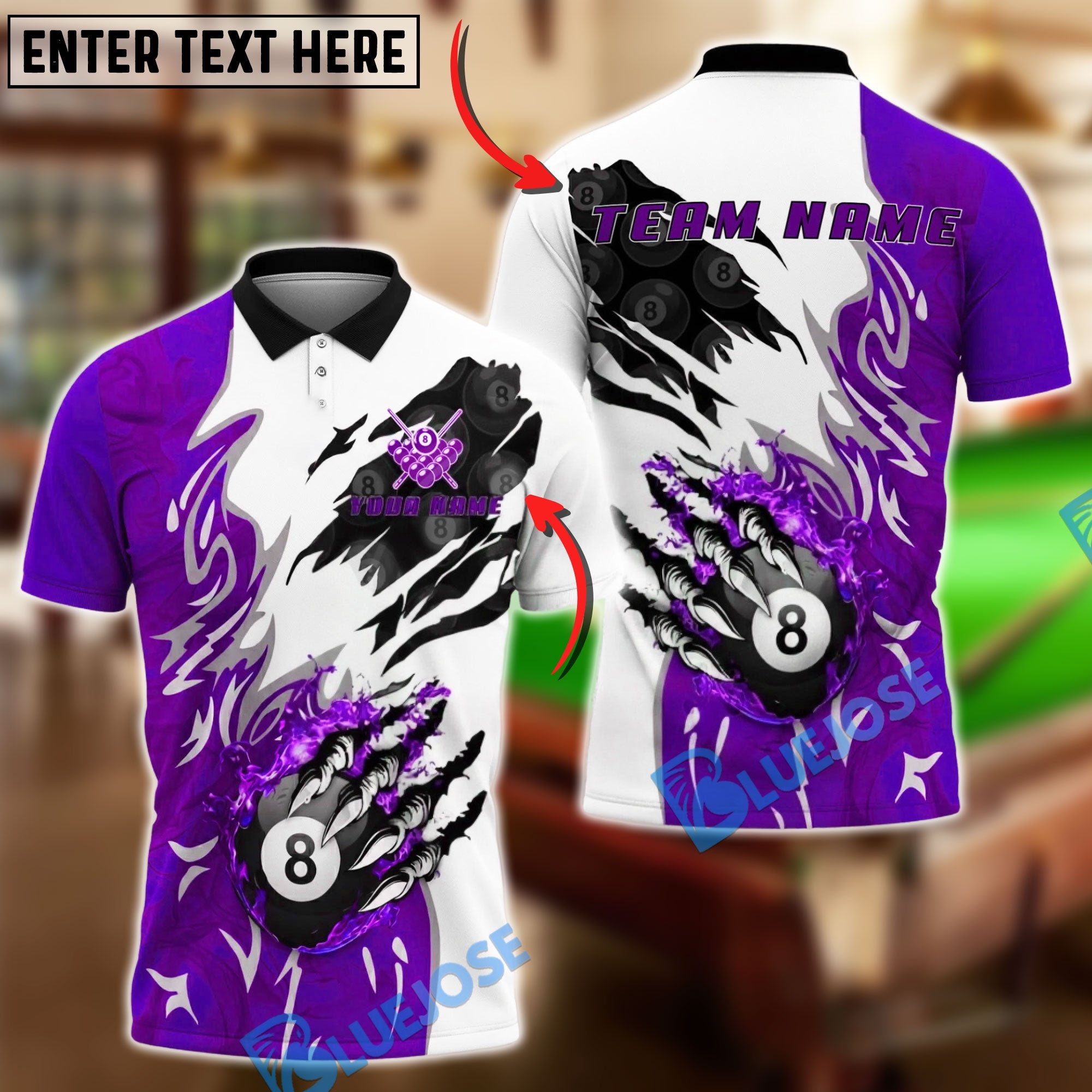 BlueJose Billiards Fire 8 Ball Claw Smash Personalized Name Shirt (4 Colors)